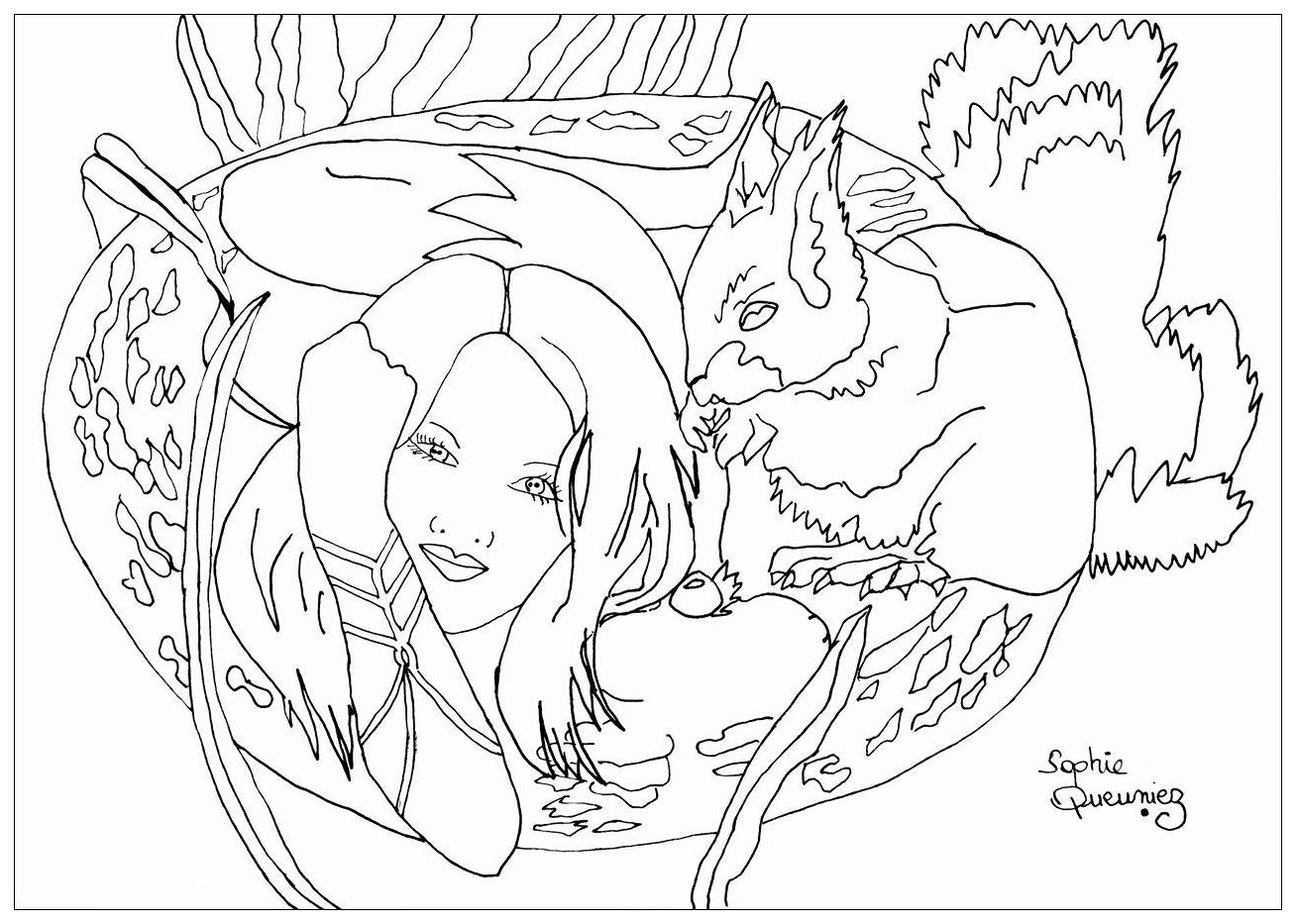 Página Anti-Stress / Zen para colorir : Mulher e esquilo Página Anti-Stress / Zen para colorir e imprimir para adultos : Mulher e esquilo