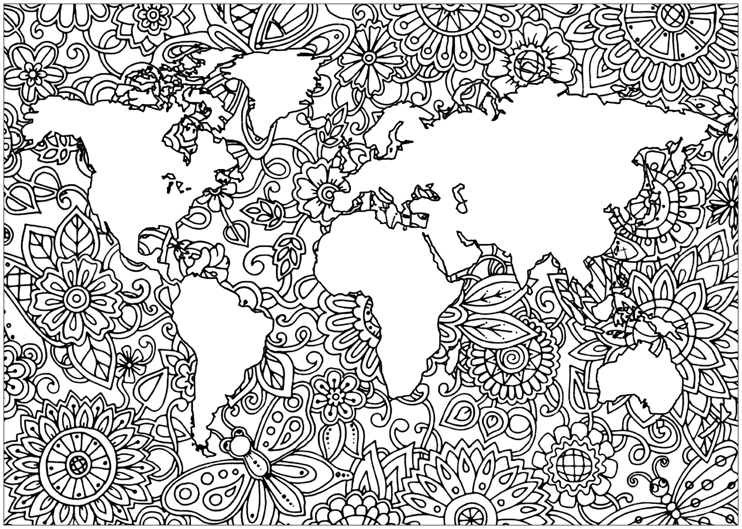 O planeta Terra e os seus continentes, com belas flores nos mares, Artista : Art'Isabelle