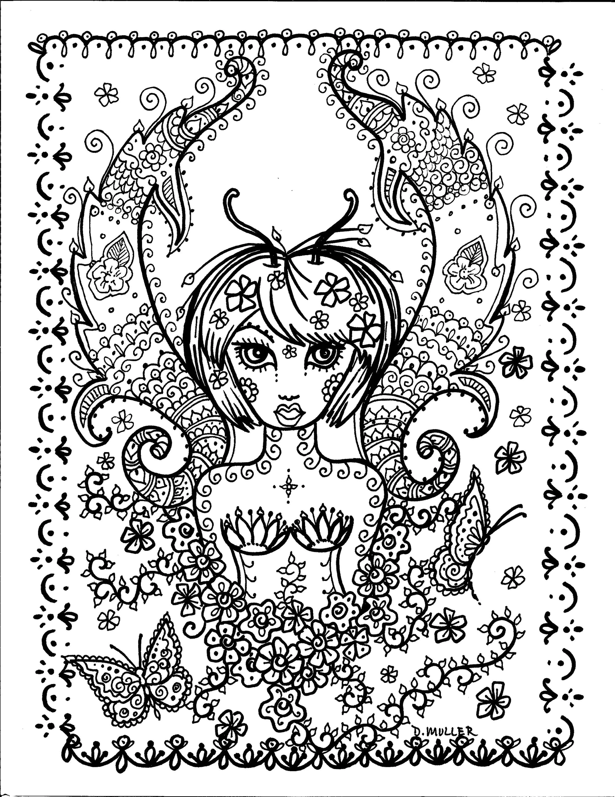 A rapariga borboleta (Página Anti-Stress / Zen para colorir e imprimir para adultos)