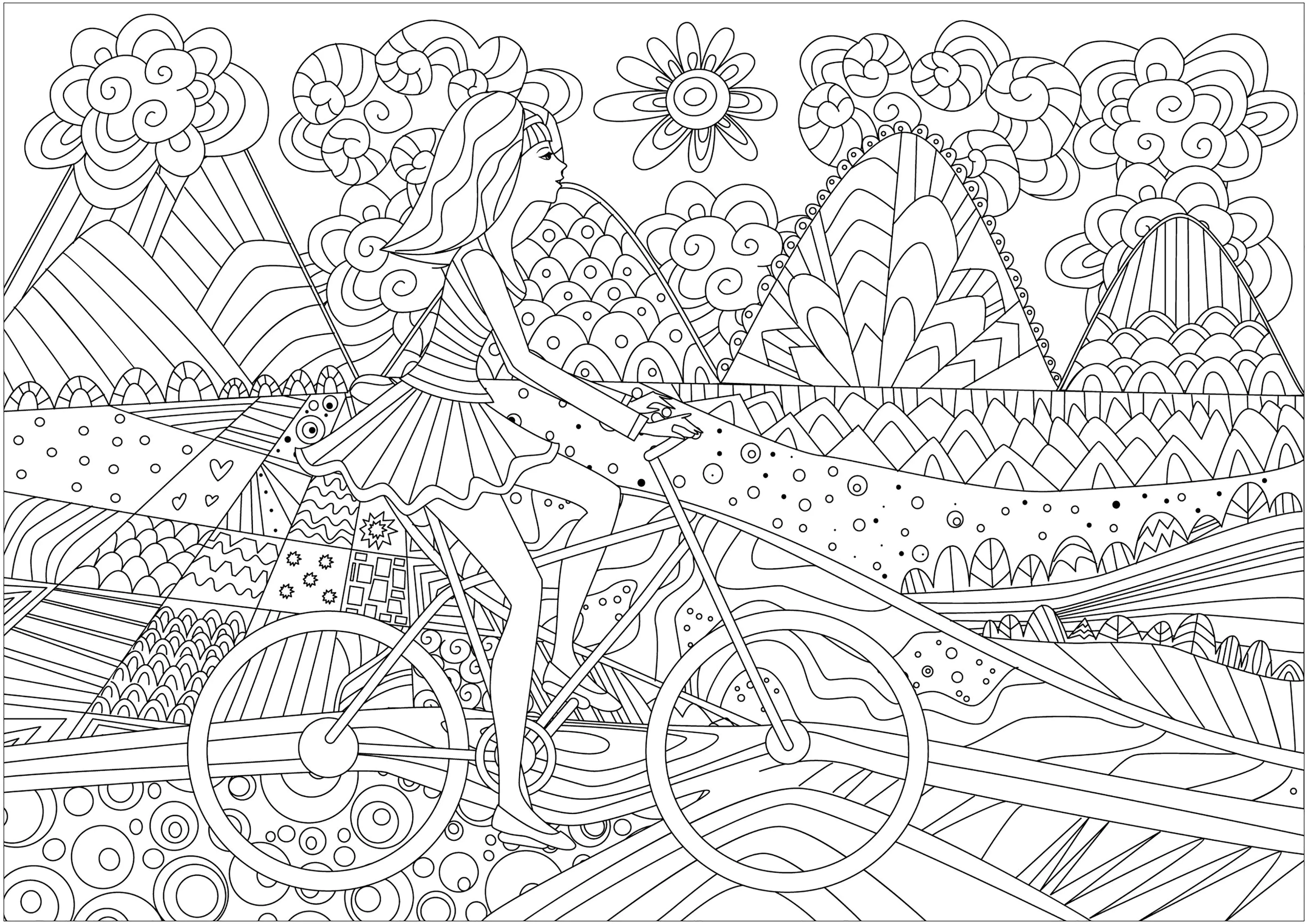 Rapariga a andar de bicicleta (Página Anti-Stress / Zen para colorir e imprimir para adultos)