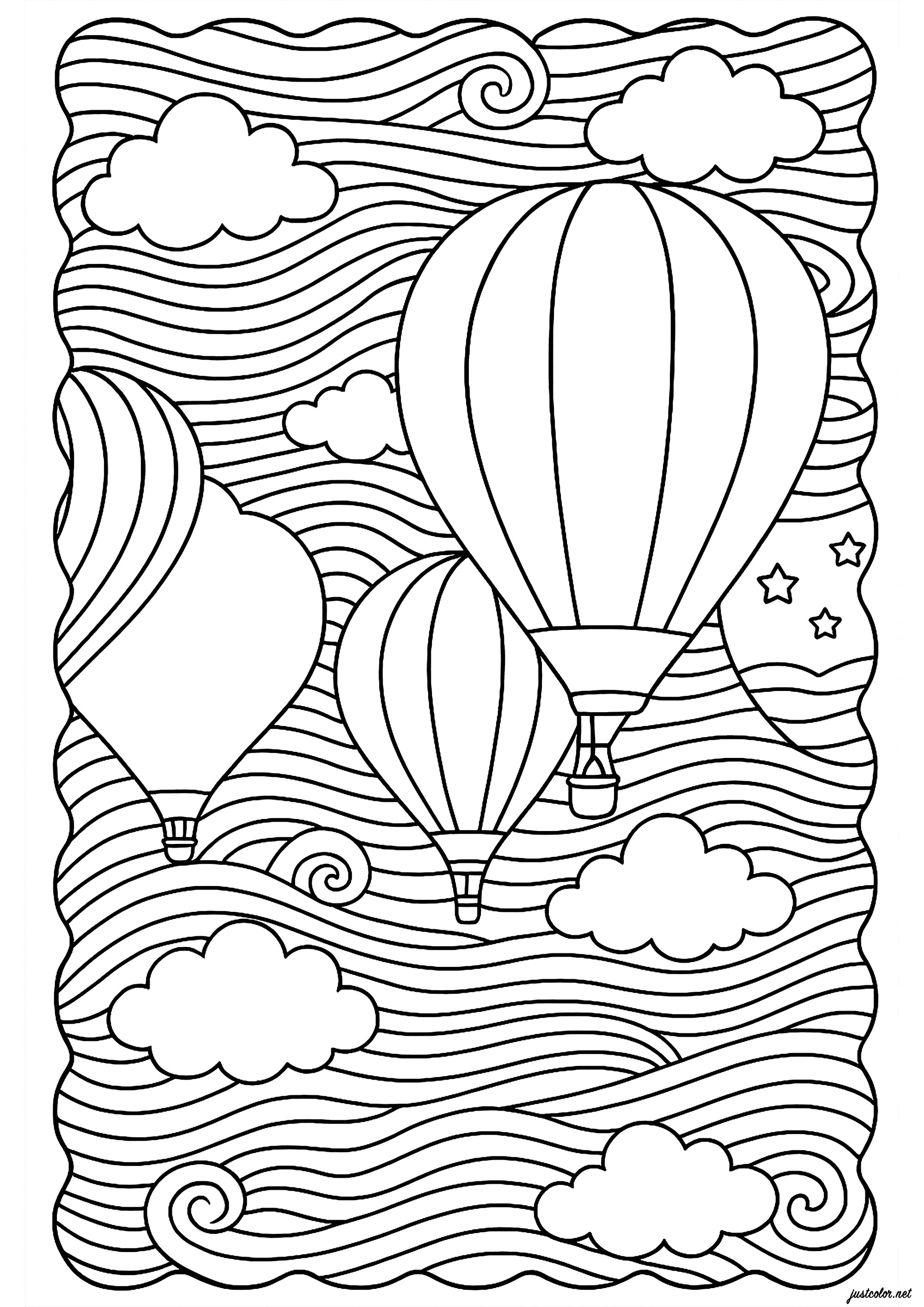 Balões de ar quente e céus encantadores - Páginas Anti-Stress / Zen para  colorir, image size:2000x2828