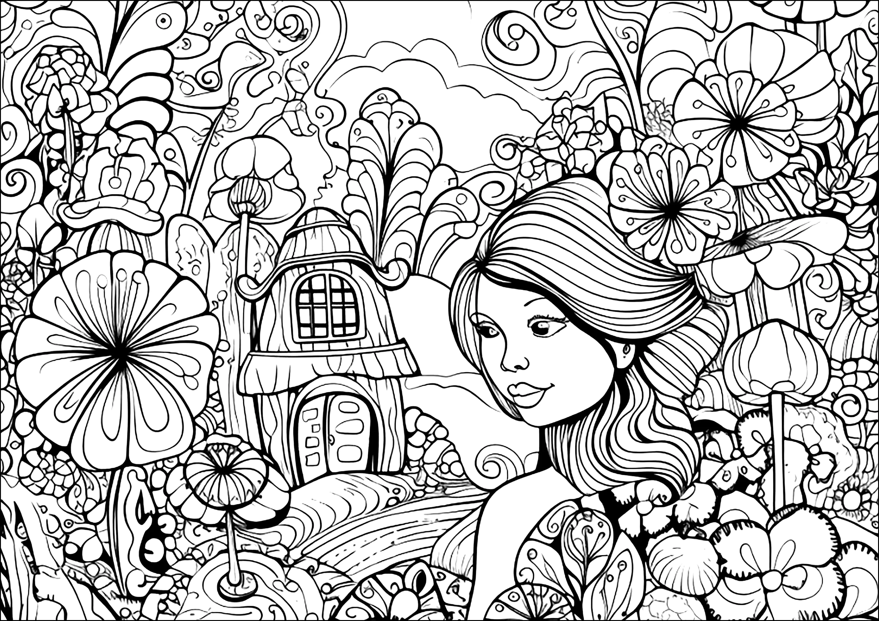 Mulher na aldeia dos cogumelos (Página Anti-Stress / Zen para colorir e imprimir para adultos)