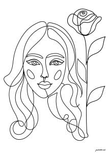 Página de para colorir e imprimir para adultos : Mulher e rosa bonita (Line art)