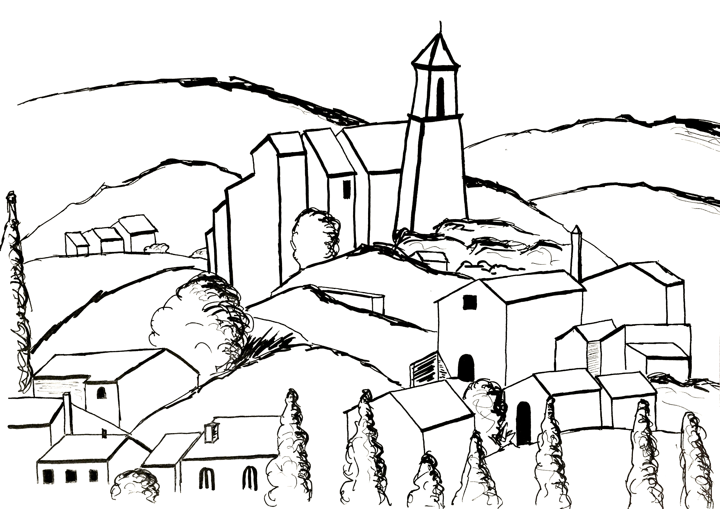 Página para colorir inspirada num quadro de Paul Cézanne: Gardanne (versão 2). Gardanne, uma aldeia situada em França, na região de Provence-Alpes-Côte d'Azur, é a única aldeia pintada por Cézanne, Artista : Olivier