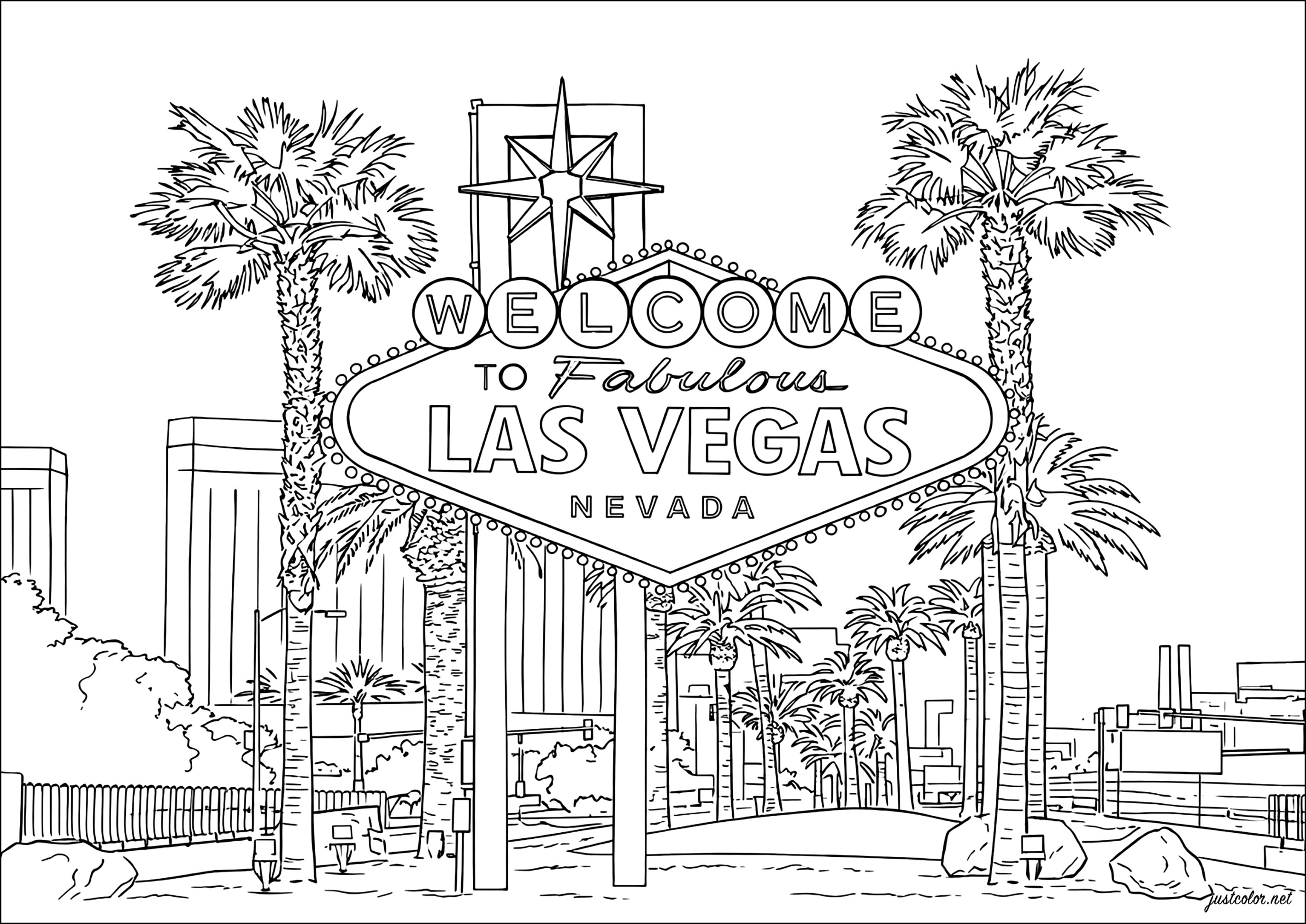 Bem-vindo a Fabulosa Las Vegas (Página de Países, cidades e monumentos para colorir e imprimir para adultos)
