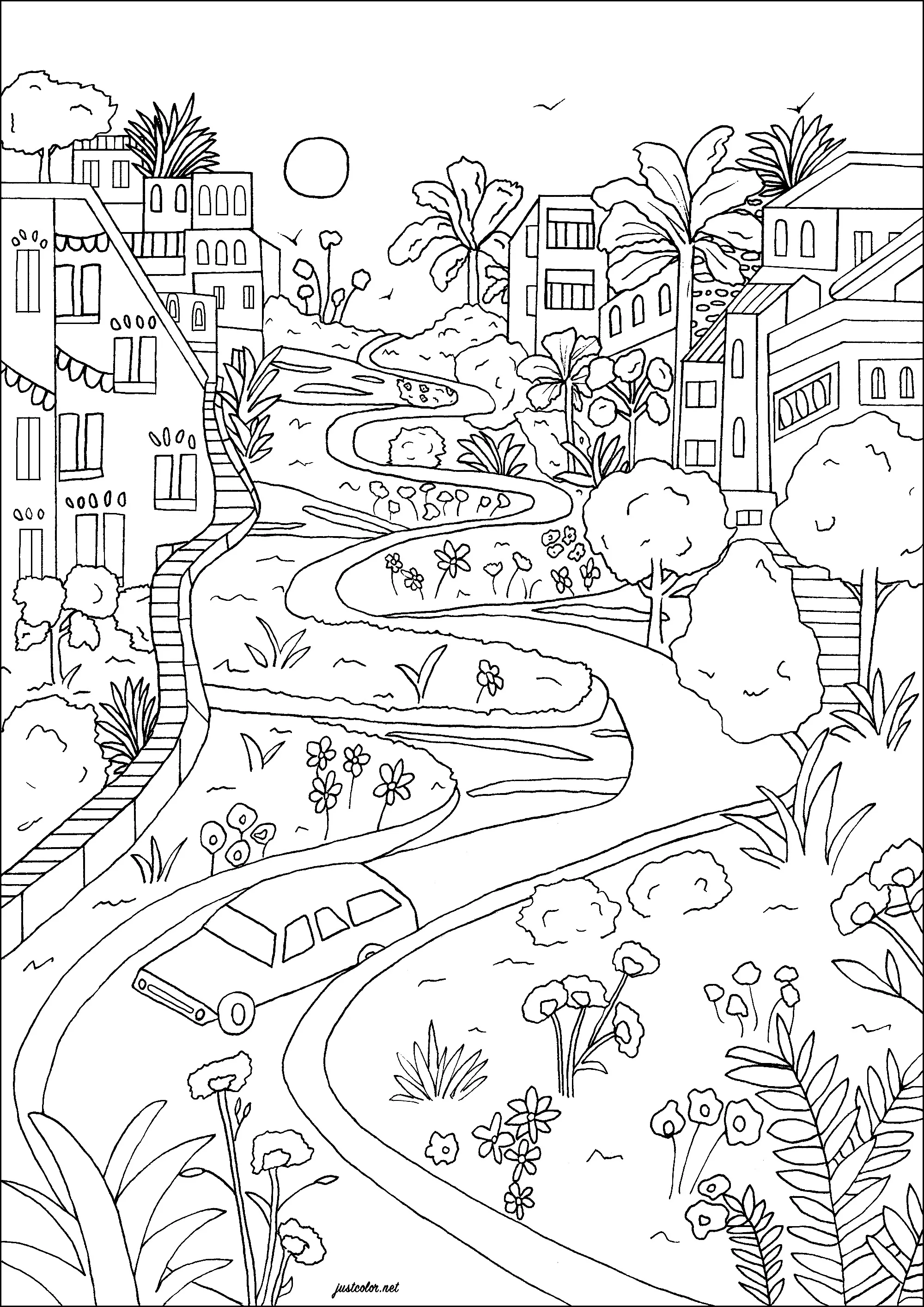 Lombard Street (Russian Hills), São Francisco (Página de Arquitetura e casa para colorir e imprimir para adultos)