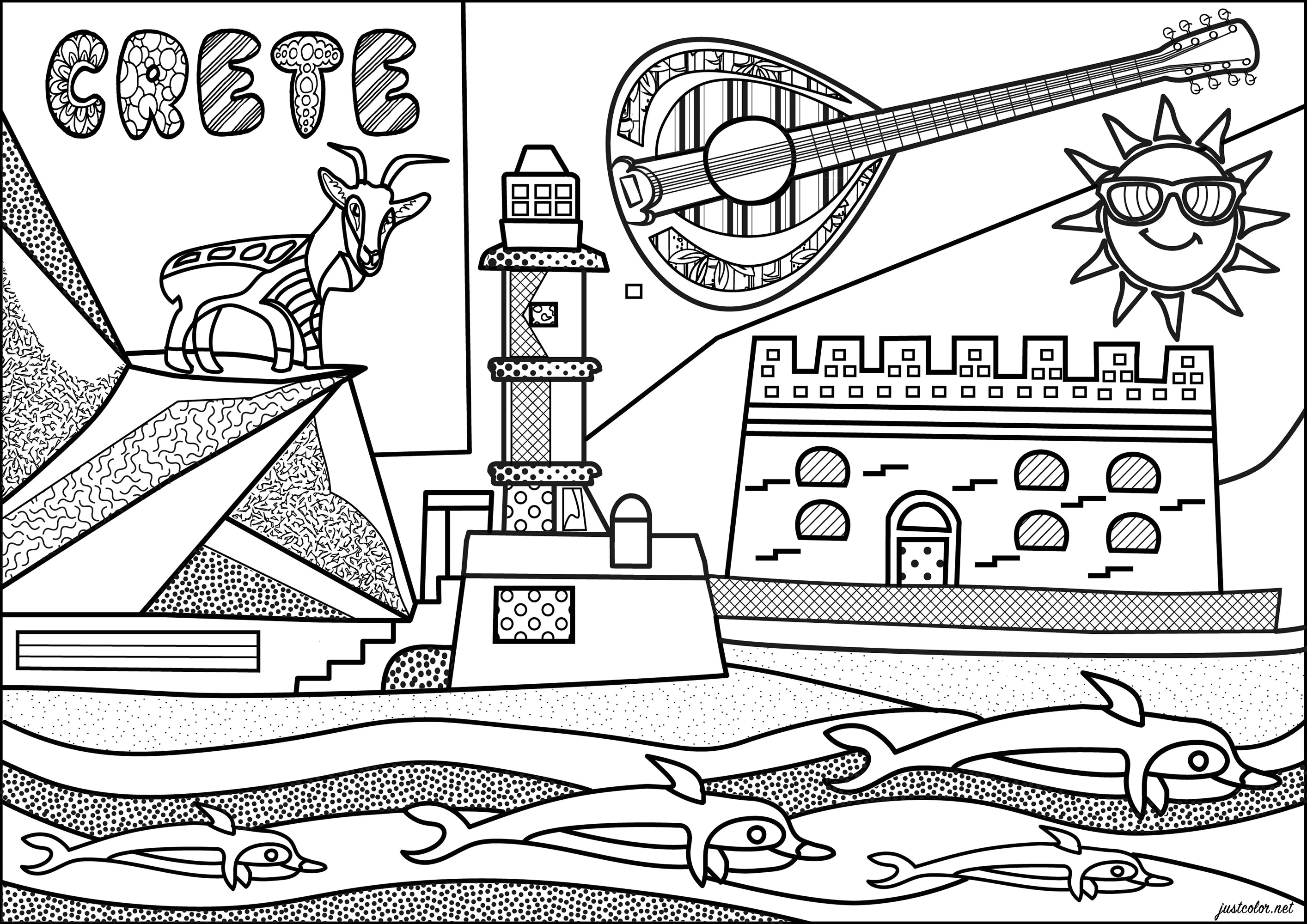 A ilha grega de Creta (Página de Países, cidades e monumentos para colorir e imprimir para adultos)