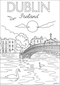 Dublin, Irlanda e a ponte Ha'Penny (Página de Arquitetura, países e cidades para colorir)