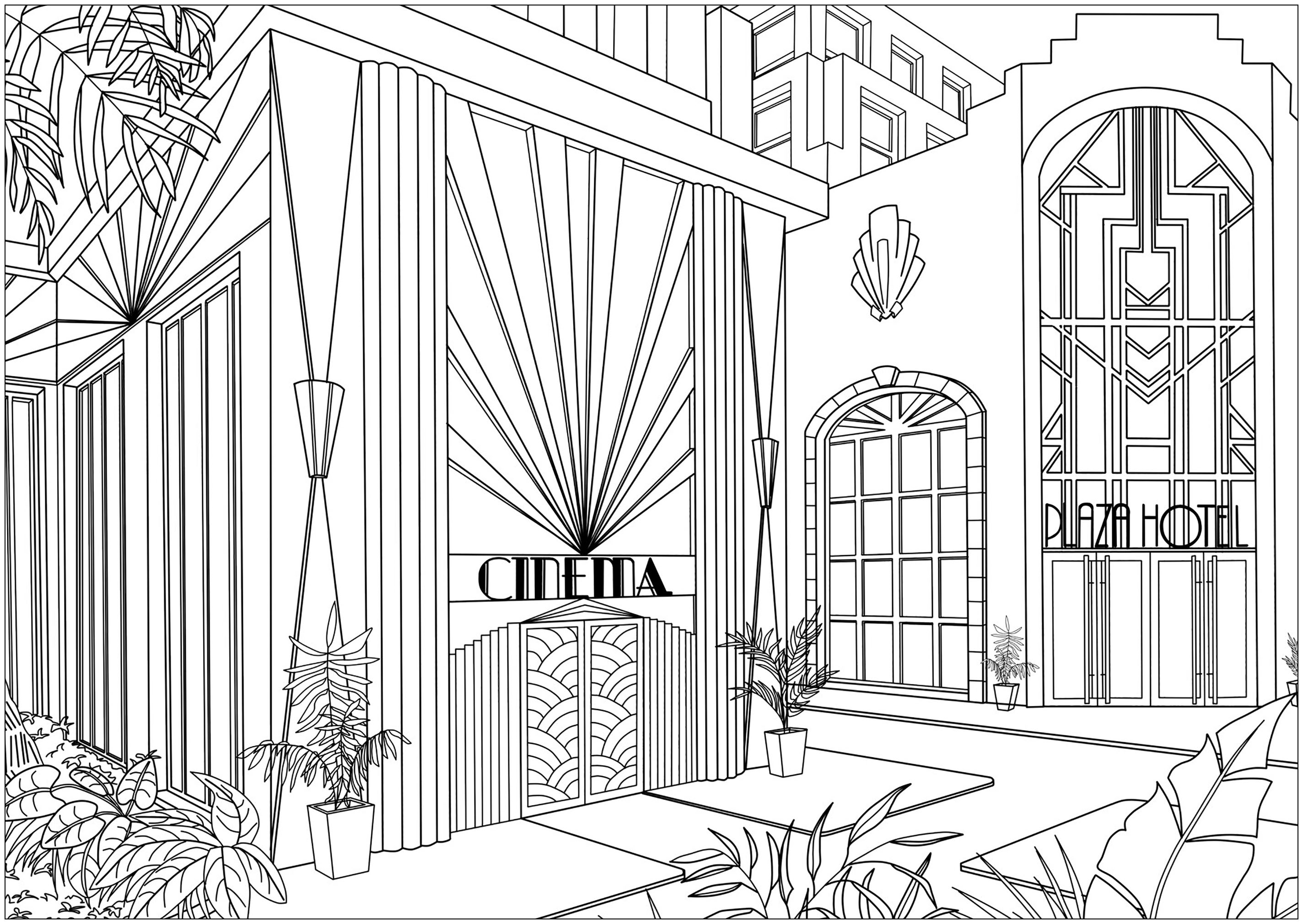Edifícios com fachadas Art Déco. Um lugar imaginário composto por um cinema e um hotel com uma arquitetura exterior inspirada na Art Déco. Uma arte concetual de Geneviève Marinier (Artstation) Edifícios com fachadas Art Déco. Um lugar imaginário composto por um cinema e um hotel com uma arquitetura exterior inspirada na Art Déco. Uma arte concetual de Geneviève Marinier (Artstation)