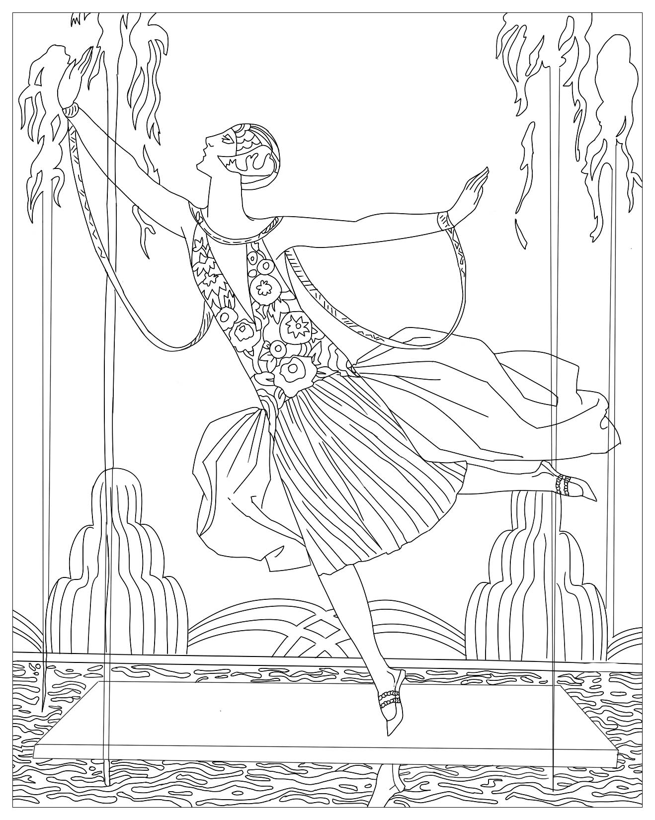 Página para colorir criada a partir de uma ilustração Art Déco de George Barbier: Bailarina com jactos de água (1925)