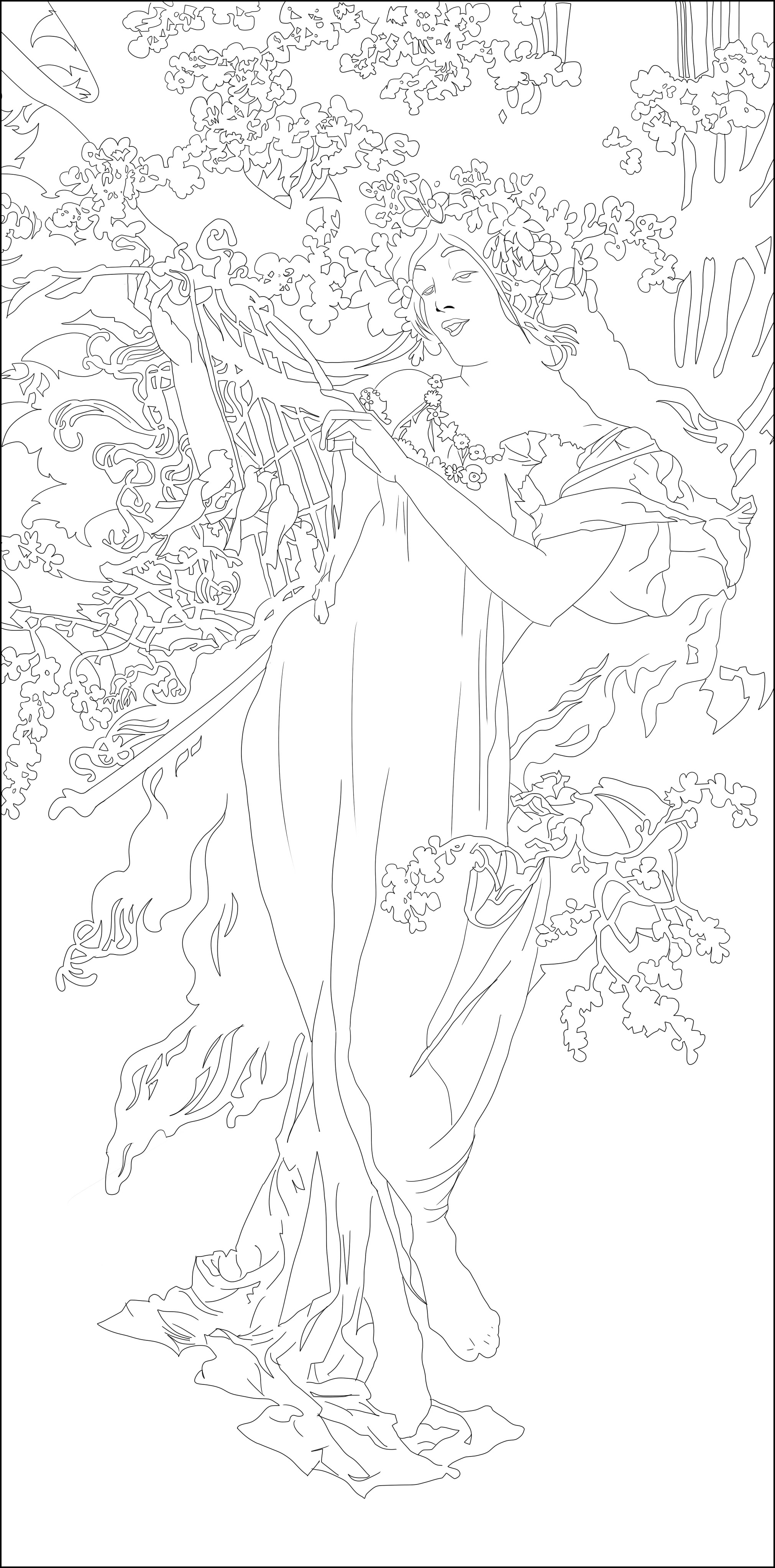 Página para colorir inspirada na obra 'Printemps' de Alfons MuchaMulher elegante do início do século, sozinha mas rodeada de uma bonita vegetação