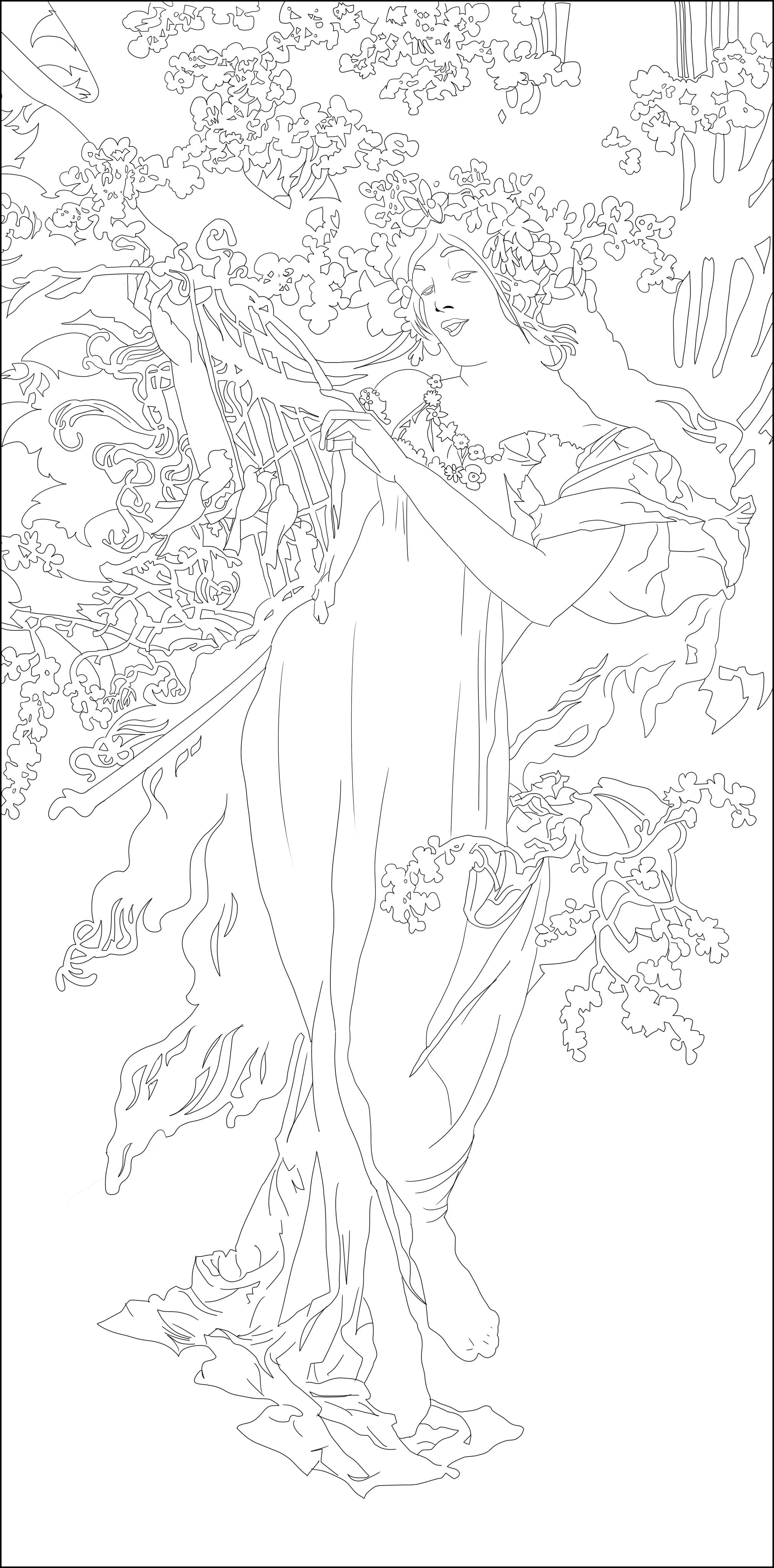 Página para colorir inspirada na obra 'Printemps' de Alfons Mucha. Mulher elegante do início do século, sozinha mas rodeada de uma bonita vegetação, Artista : Ji. M