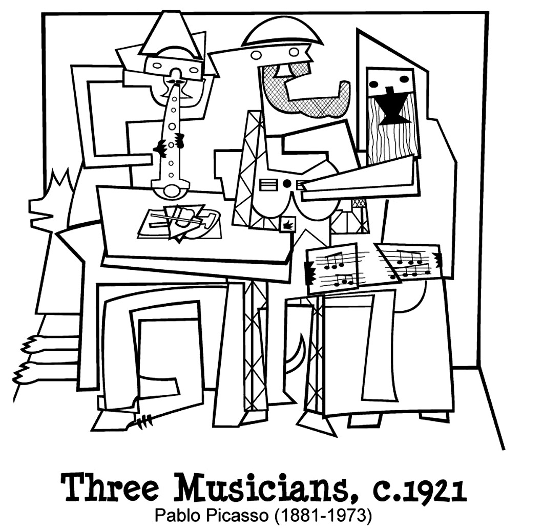 Página para colorir criada a partir da obra-prima 'Três músicos' de Pablo Picasso