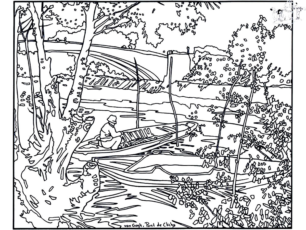 Página para colorir criada a partir de Pesca na primavera na ponte de Clichy (1887) de Vincent Van Gogh