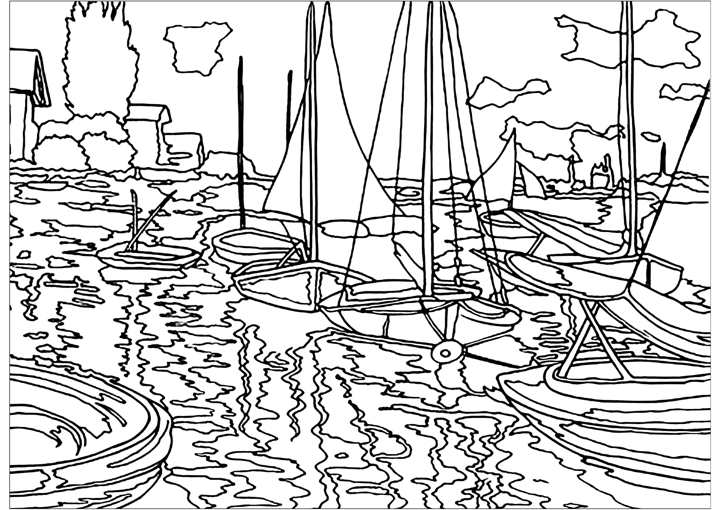 Página para colorir criada a partir de uma pintura do artista impressionista Claude Monet: Barcos à vela no Sena em Petit - Gennevilliers, Artista : Art'Isabelle