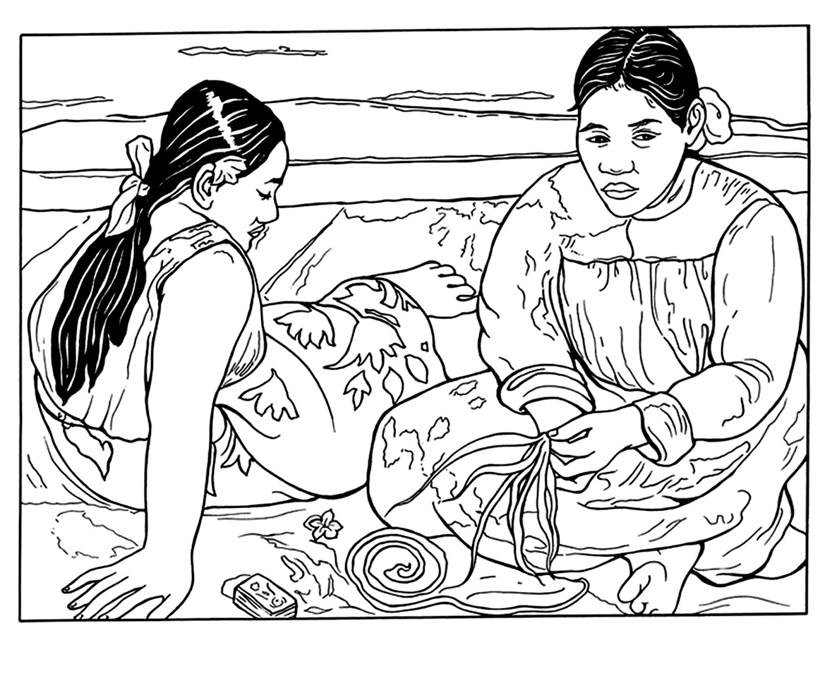 Página para colorir inspirada num quadro de Paul Gaughin que representa mulheres do Taiti