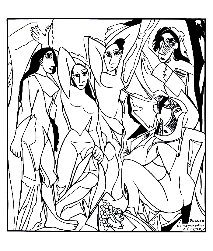 Pablo Picasso - Les Demoiselles d'Avignon (1907) (Página de Obras de arte para colorir e imprimir para adultos)