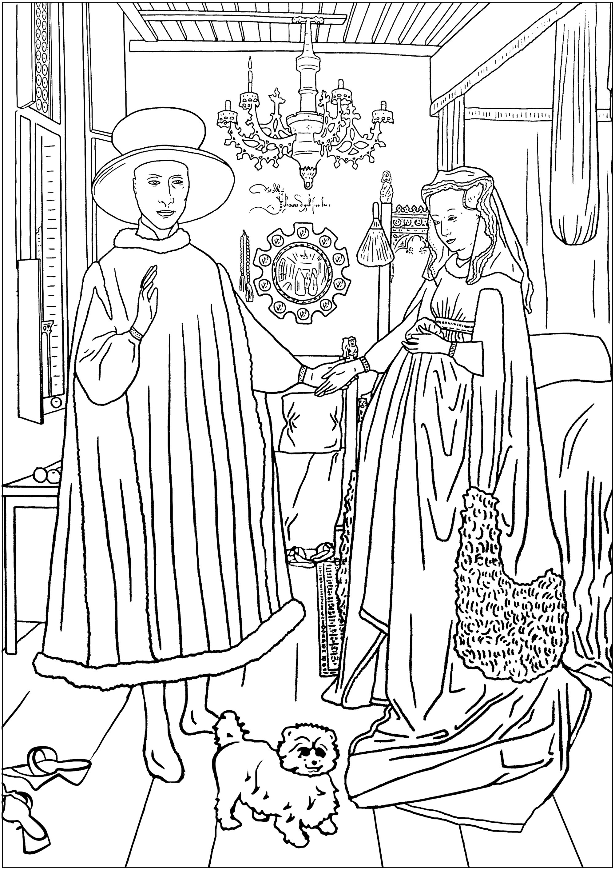 Página para colorir criada a partir de O retrato de Arnoflini de Jan Van Eyck