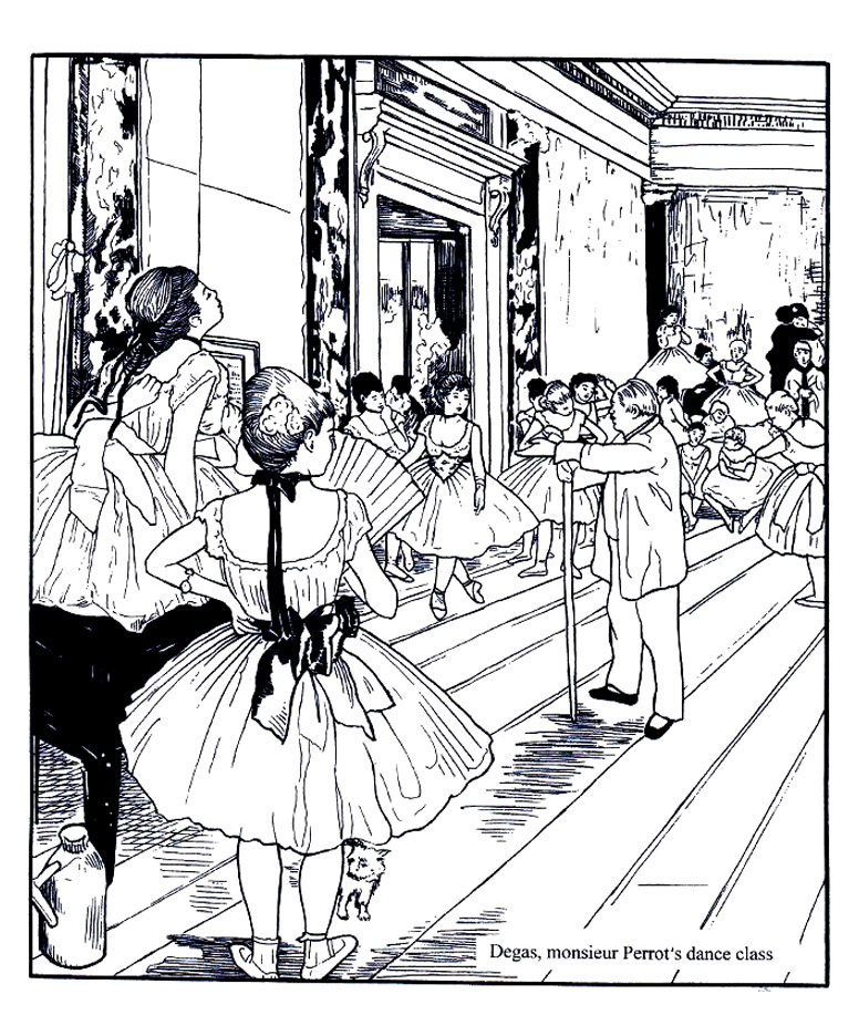 Página para colorir criada a partir de 'Aula de dança' de Edgar Degas