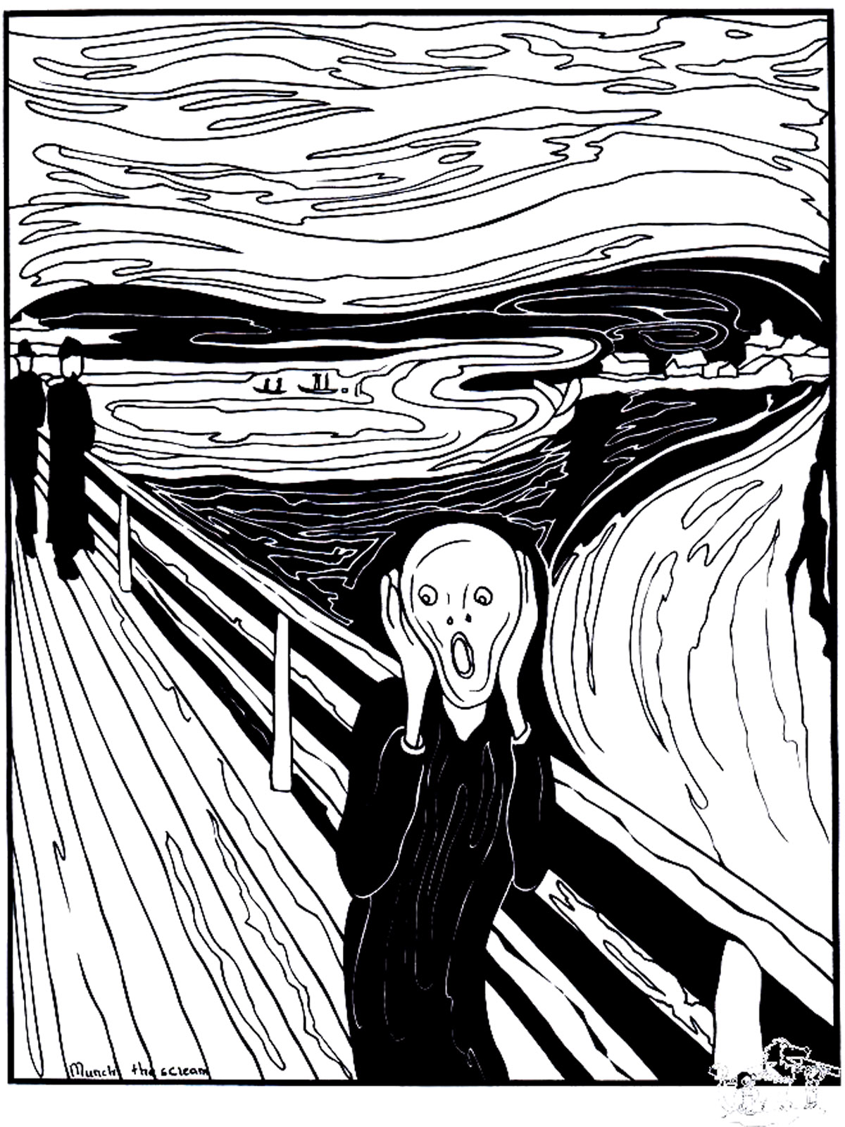 Coloração baseada no quadro 'O Grito' (1893) de Edvard Munch'. O Grito' é uma pintura emblemática que representa o sentimento de opressão e de angústia que por vezes nos pode dominar.Esta página para colorir é uma excelente maneira de mergulhar na obra de arte. Mas não te deixes levar demasiado pela sua atmosfera mortificante...