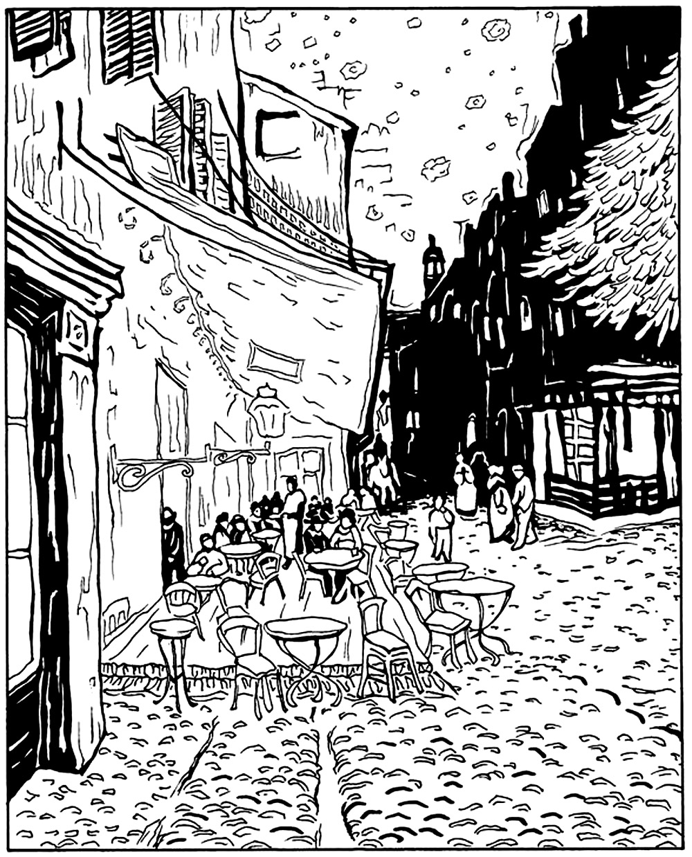Página para colorir criada a partir de Café Terrace at Night (1888) de Vincent Van Gogh. Esta pintura é uma obra-prima luminosa que capta a atmosfera encantadora de uma noite tranquila em Arles, com as suas cores vibrantes, o céu estrelado e o brilho quente que emana do animado café, oferecendo um vislumbre da visão única do artista e da sua ligação emocional à cena.