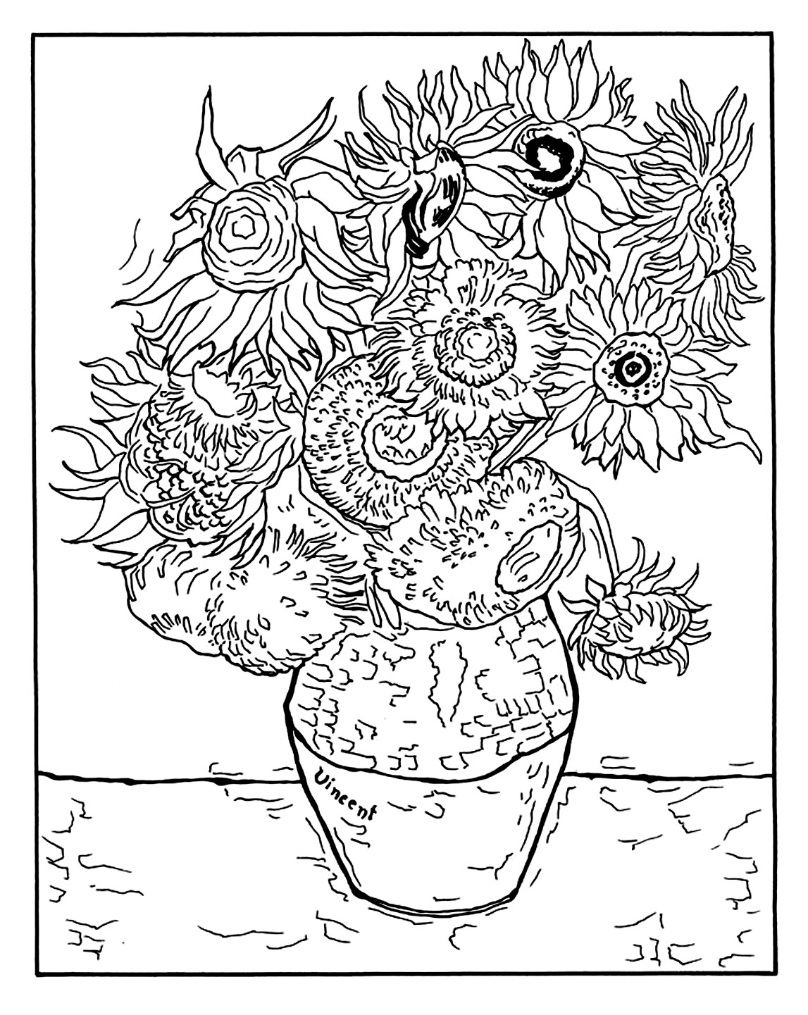 Página para colorir criada a partir de 'Vaso com doze girassóis' de Vincent Van Gogh