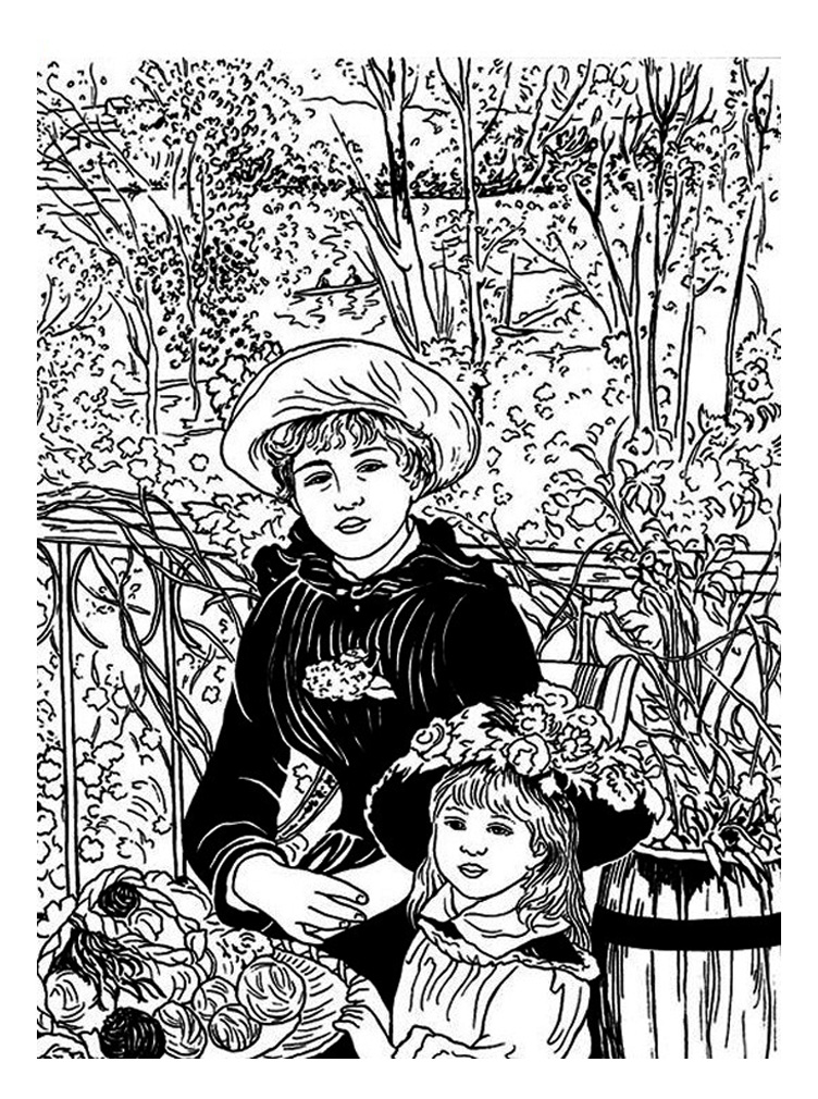 Página para colorir criada a partir de Duas irmãs no terraço, de Renoir