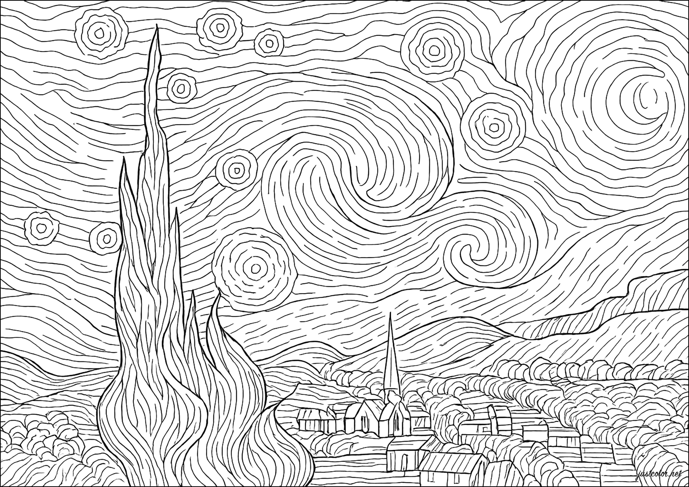 Pintura Famosa A Noite Estrelada Para Colorir Imprimir E Desenhar