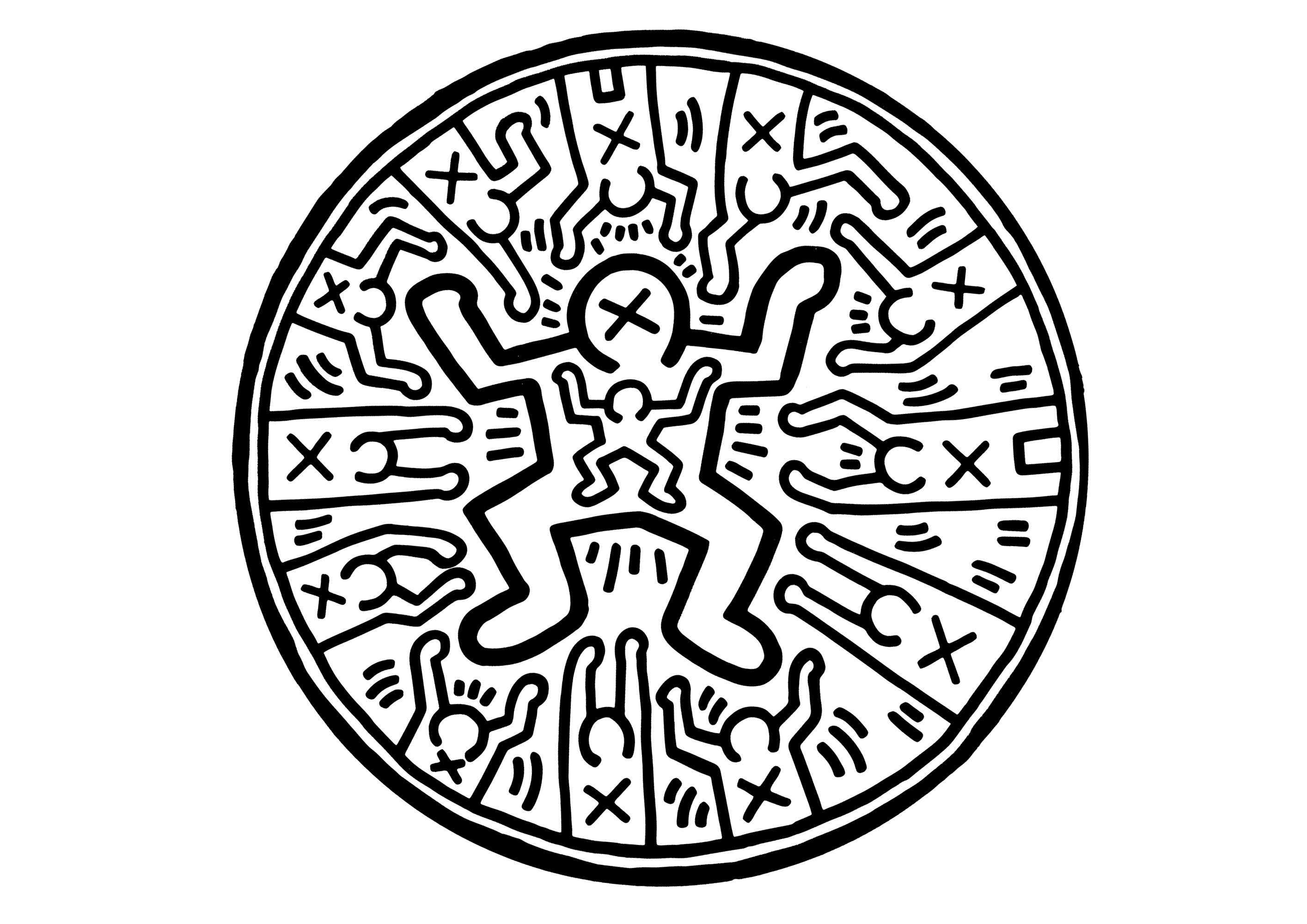 Coloração circular inspirada nas obras de Keith Haring. As famosas personagens de Keith Haring num design circular cheio de energia