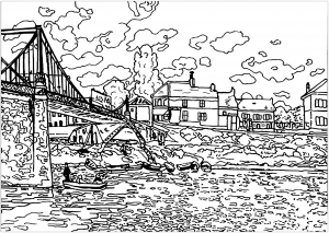 Página de Impressionismo para colorir e imprimir para adultos : Alfred Sisley - A ponte de Villeneuve la Garenne