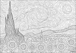 A Noite Estrelada e Os Girassóis de Van Gogh (Página de Obras de arte para colorir)
