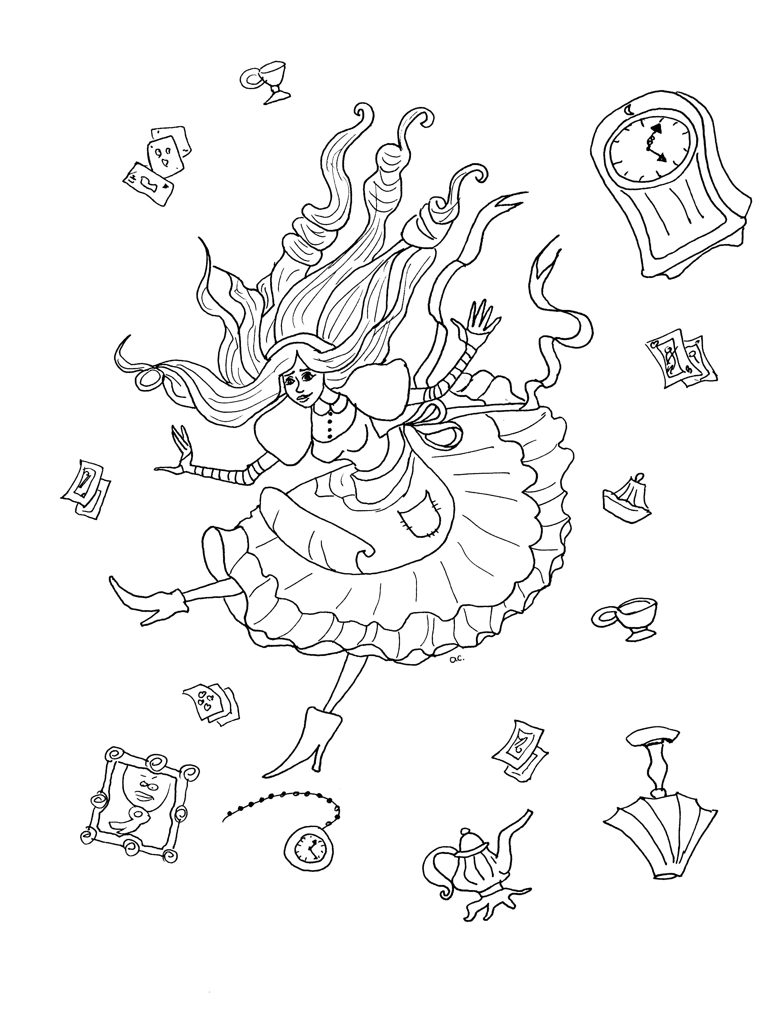 Página original para colorir inspirada na Alice no País das Maravilhas (versão 2 com objectos), Artista : Olivier