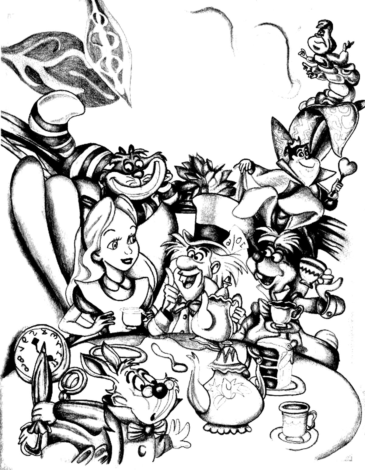 Várias personagens de Alice no País das Maravilhas (Disney). Apresenta Alice, o Chapeleiro Louco e a Lebre de março, bem como o Gato de Cheshire, a Rainha de Copas e o Rei de Copas.