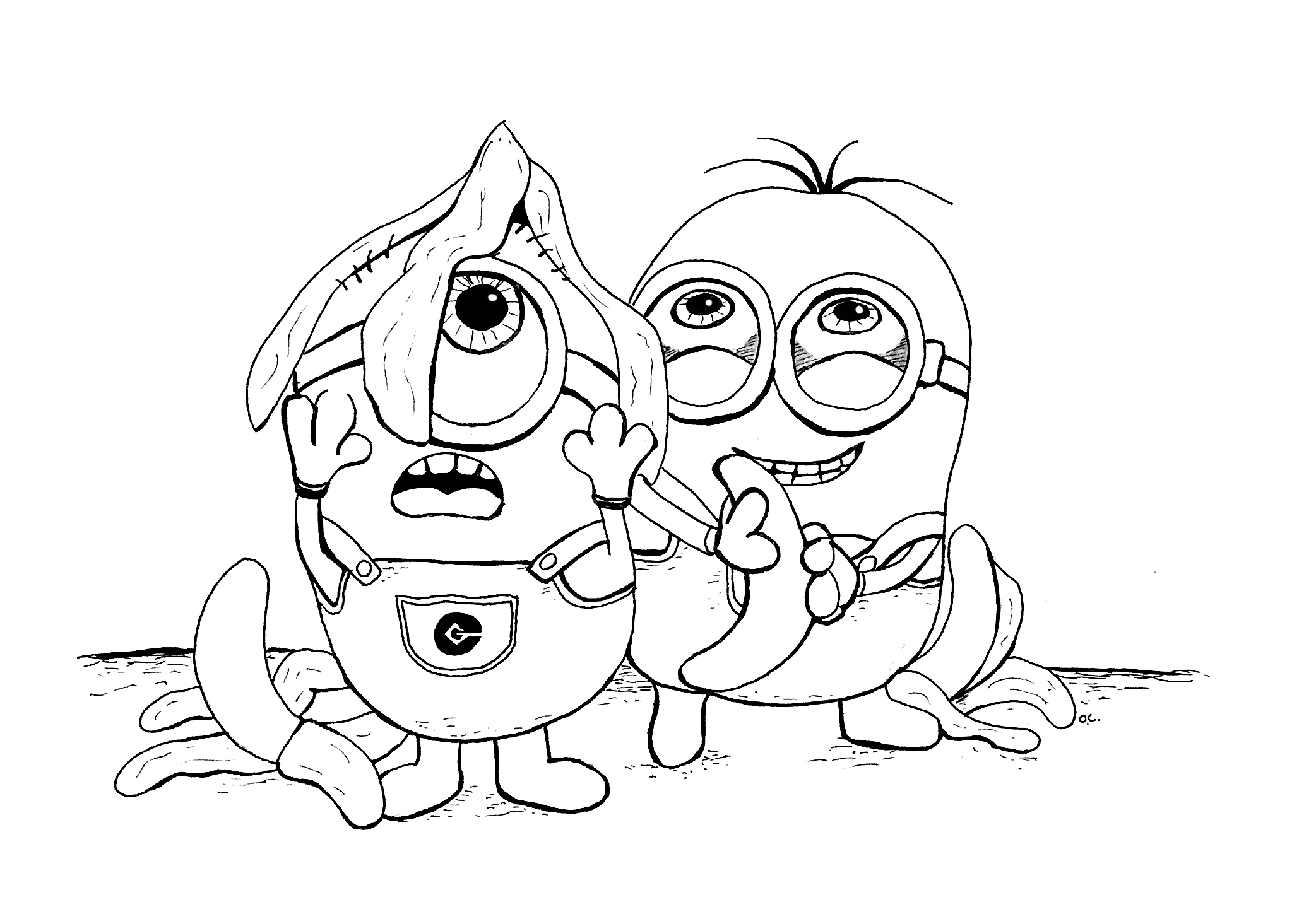 Dois Minions e bananas para colorir. Este desenho apresenta dois dos famosos Minions, recebendo bananas que caíram do céu. Aplica cores vivas ou as tuas cores preferidas. Também podes acrescentar detalhes extra para tornar a coloração ainda mais divertida.Esta página para colorir é perfeita tanto para crianças como para adultos, e vai certamente mantê-los entretidos e a divertirem-se, Artista : Olivier