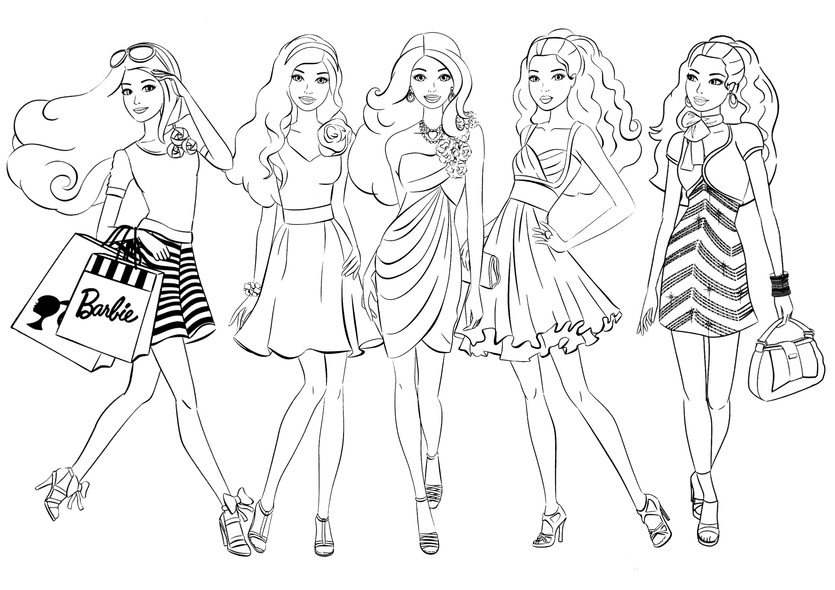 Cinco bonecas Barbie. Esta página para colorir apresenta cinco personagens inspiradas nas bonecas Barbie, com roupas diferentes para colorir como quiser.