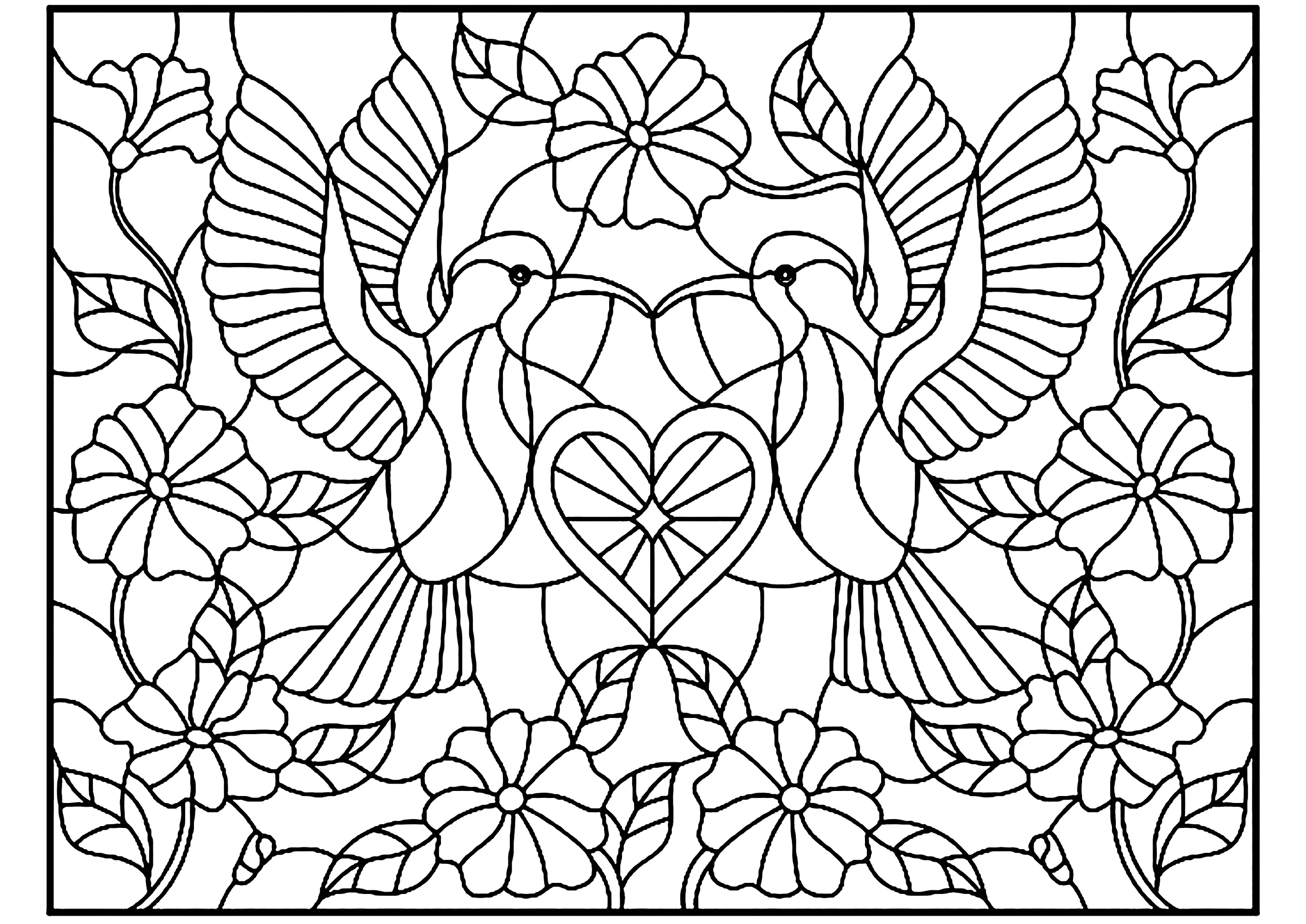 Dois pássaros e um pequeno coração no centro, estilo vitral (Página para colorir e imprimir para adultos)
