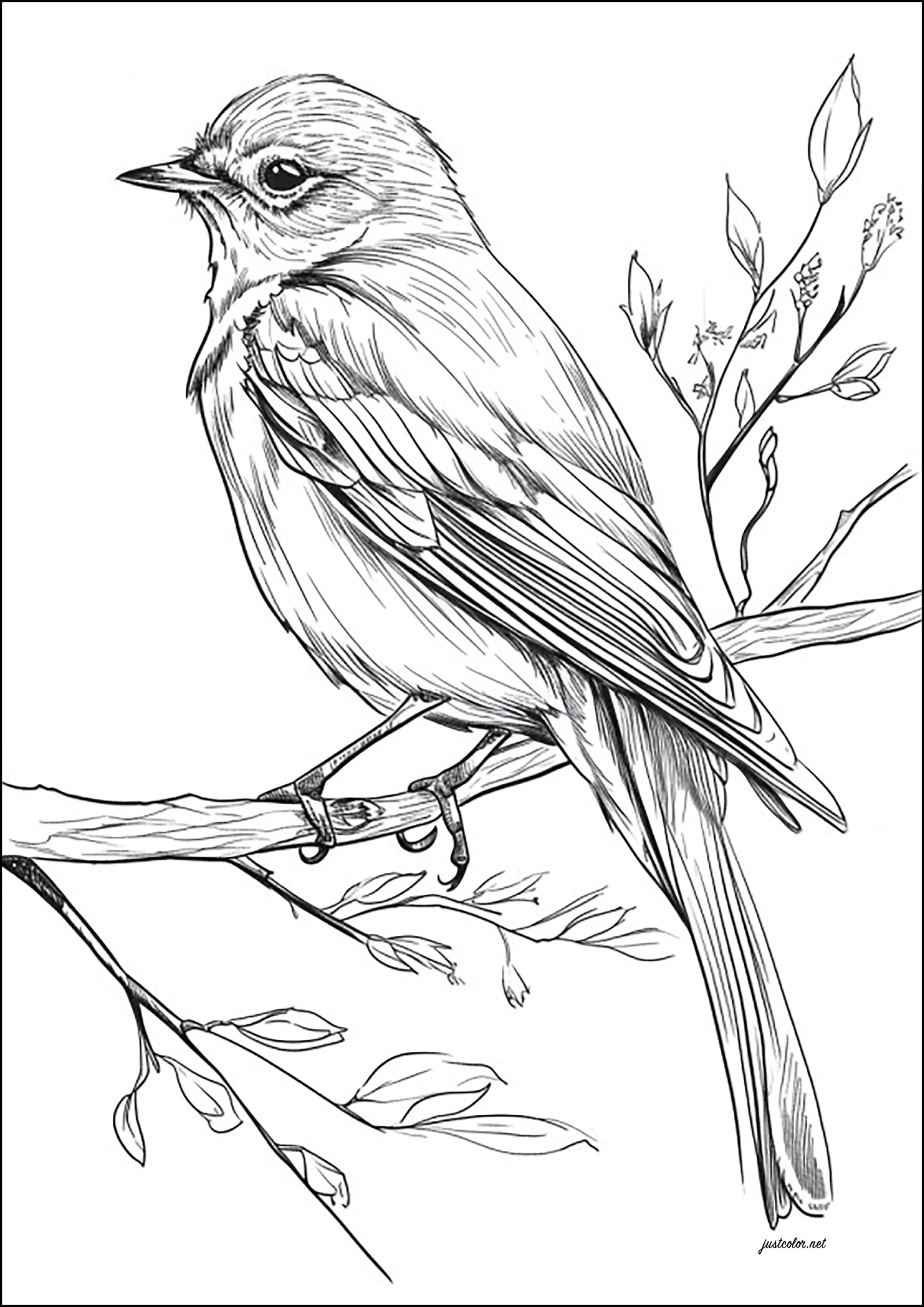 Desenho realista de um pássaro num ramo (Página para colorir e imprimir para adultos)