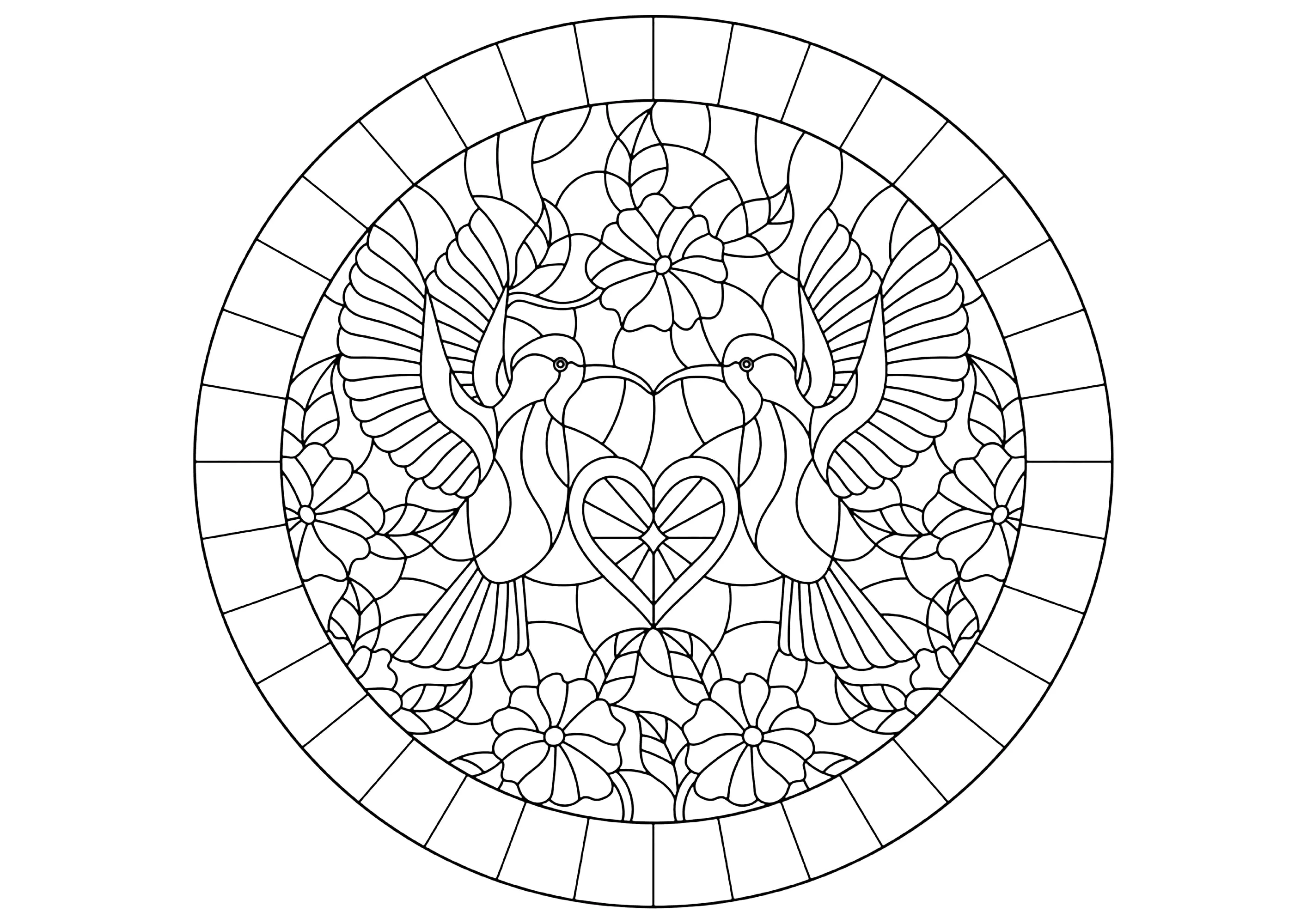 Dois pássaros num círculo, estilo vitral (Página para colorir e imprimir para adultos)