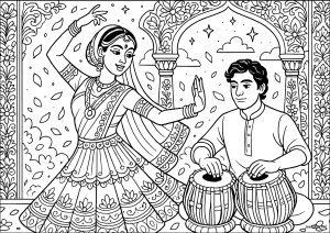 Elegante dança indiana sob as estrelas (Página de Índia e Bollywoood para colorir)
