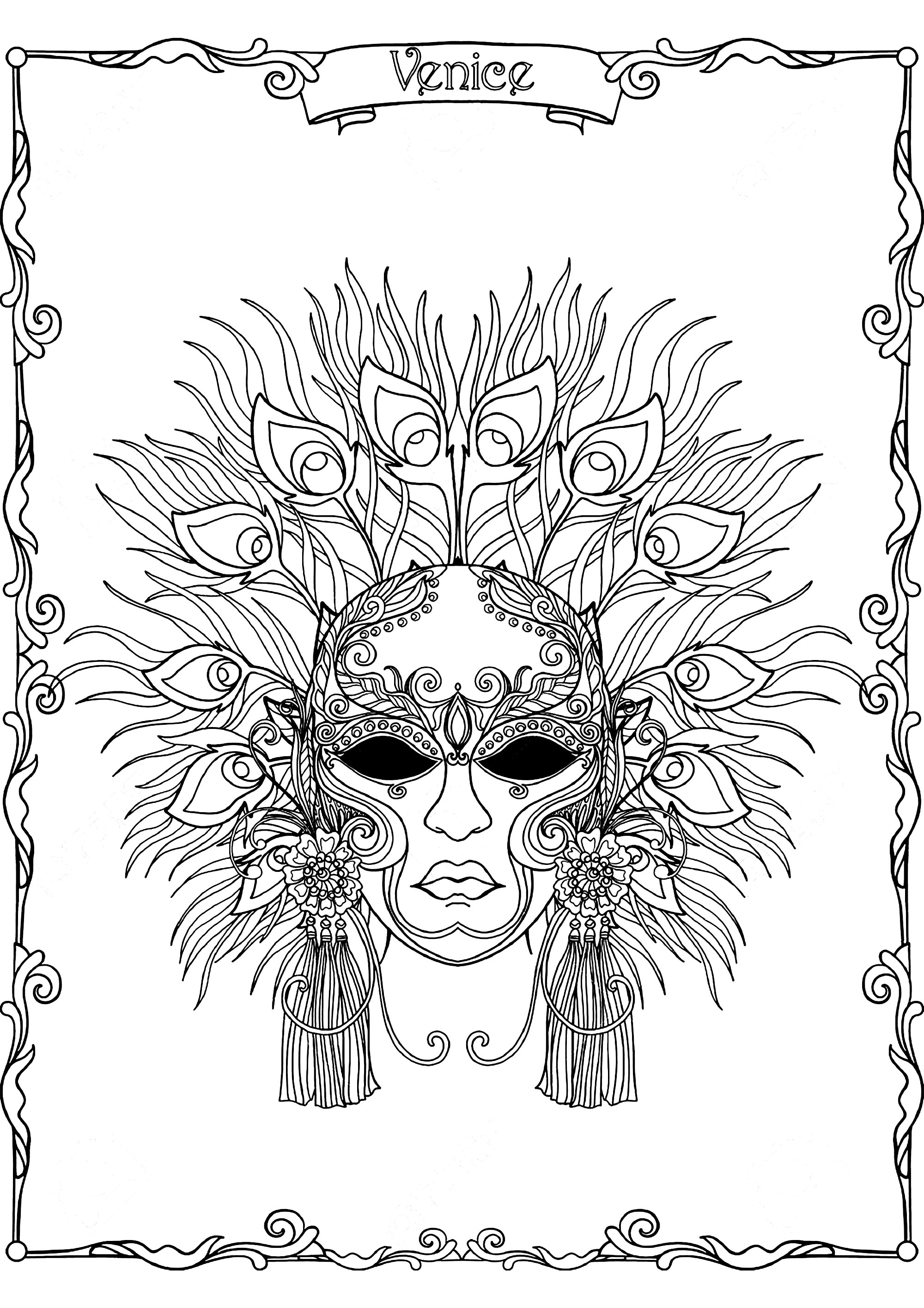 Bonita máscara de Carnaval com penas de pavão, do Carnaval de Veneza