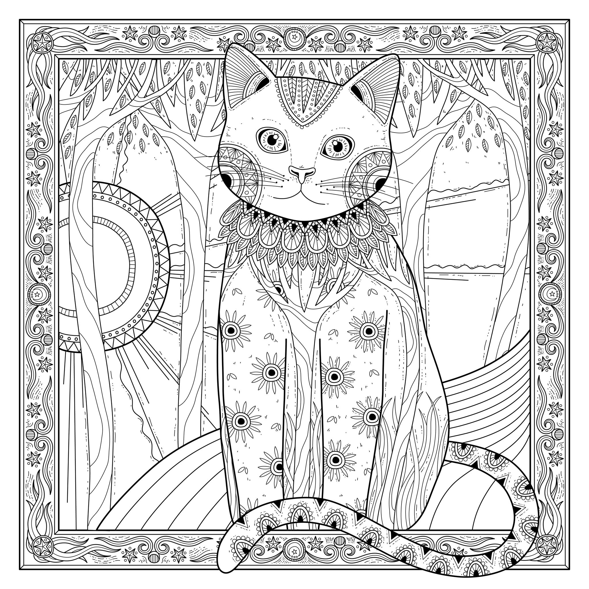 Desenho de gato elegante para colorir, com uma bonita moldura