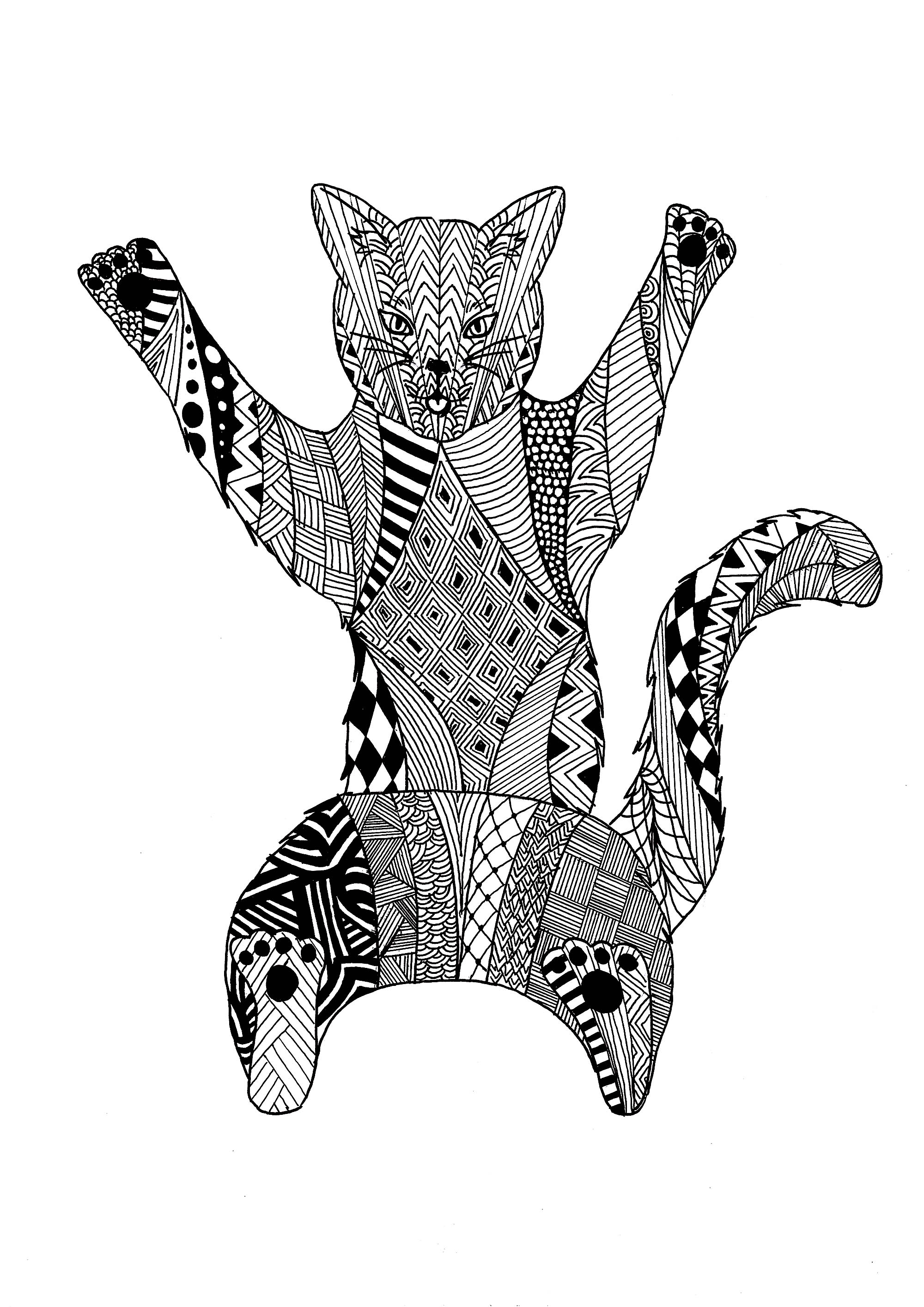 Um bonito gato em pleno salto, com bonitos padrões de Zentangle, Artista : Krissy
