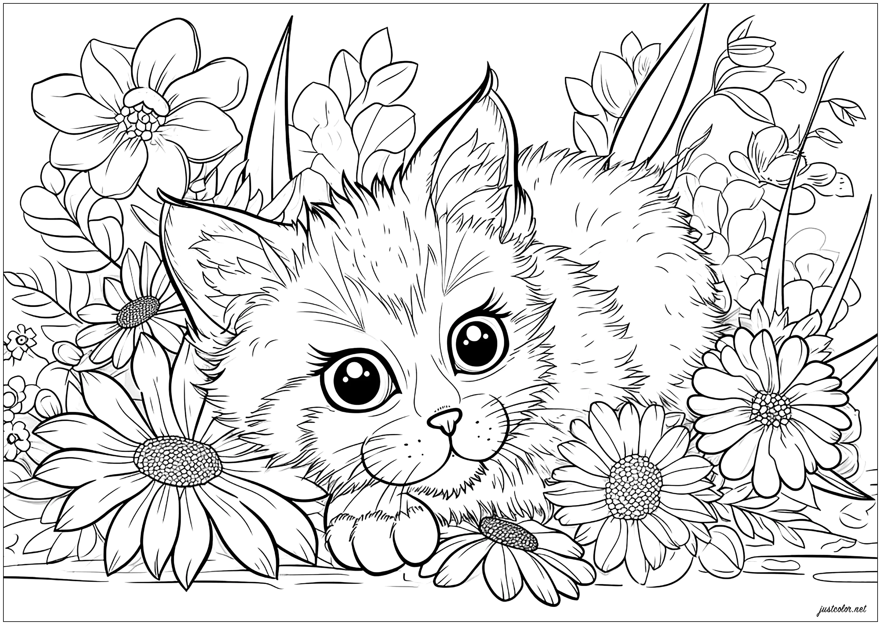 Gatinho entre lindas flores (Página de Gatos para colorir e imprimir para adultos)
