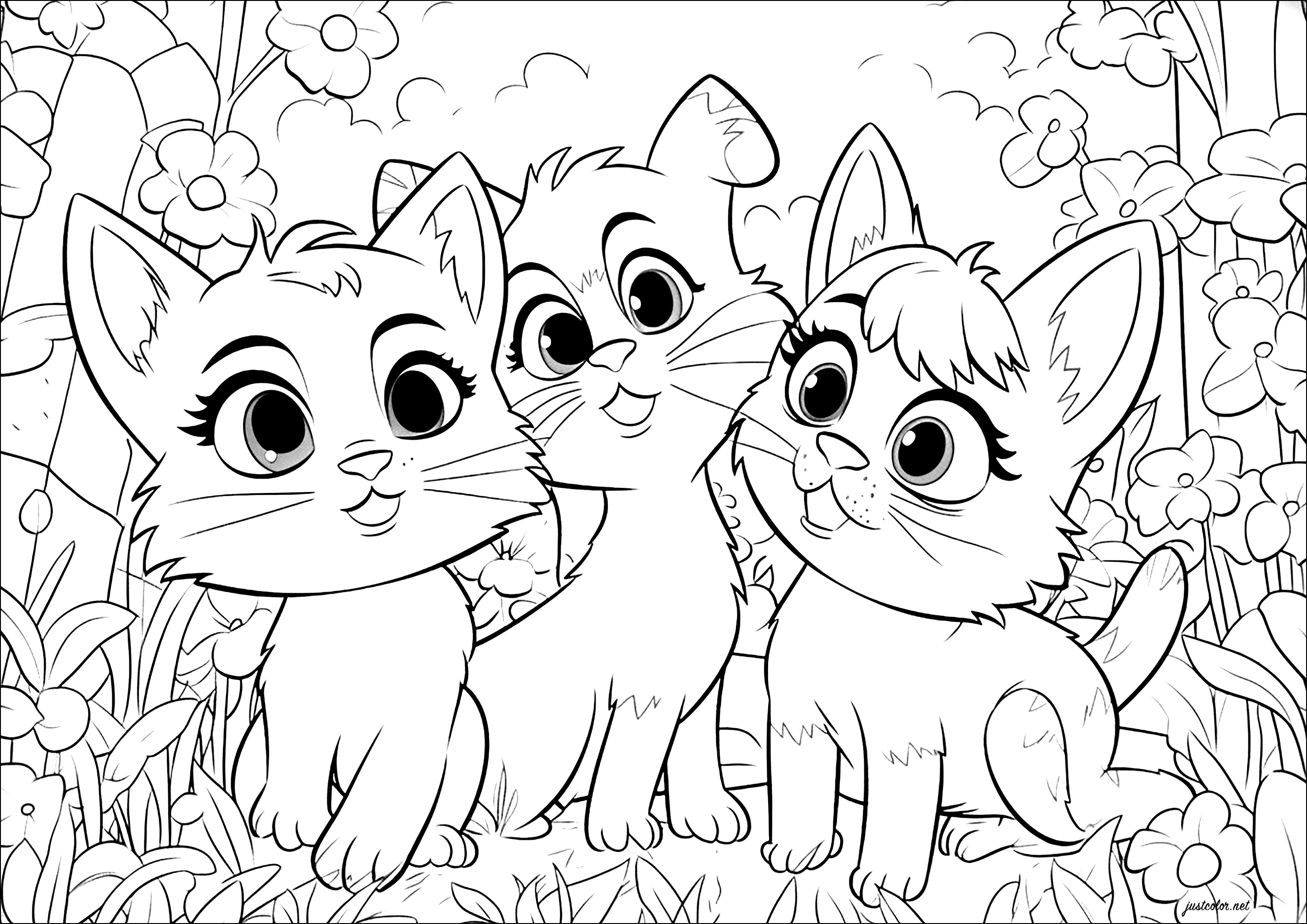 Três gatos, estilo Disney - Pixar. Estes três gatos são desenhados num estilo que faz lembrar os filmes de animação da Disney - Pixar.
