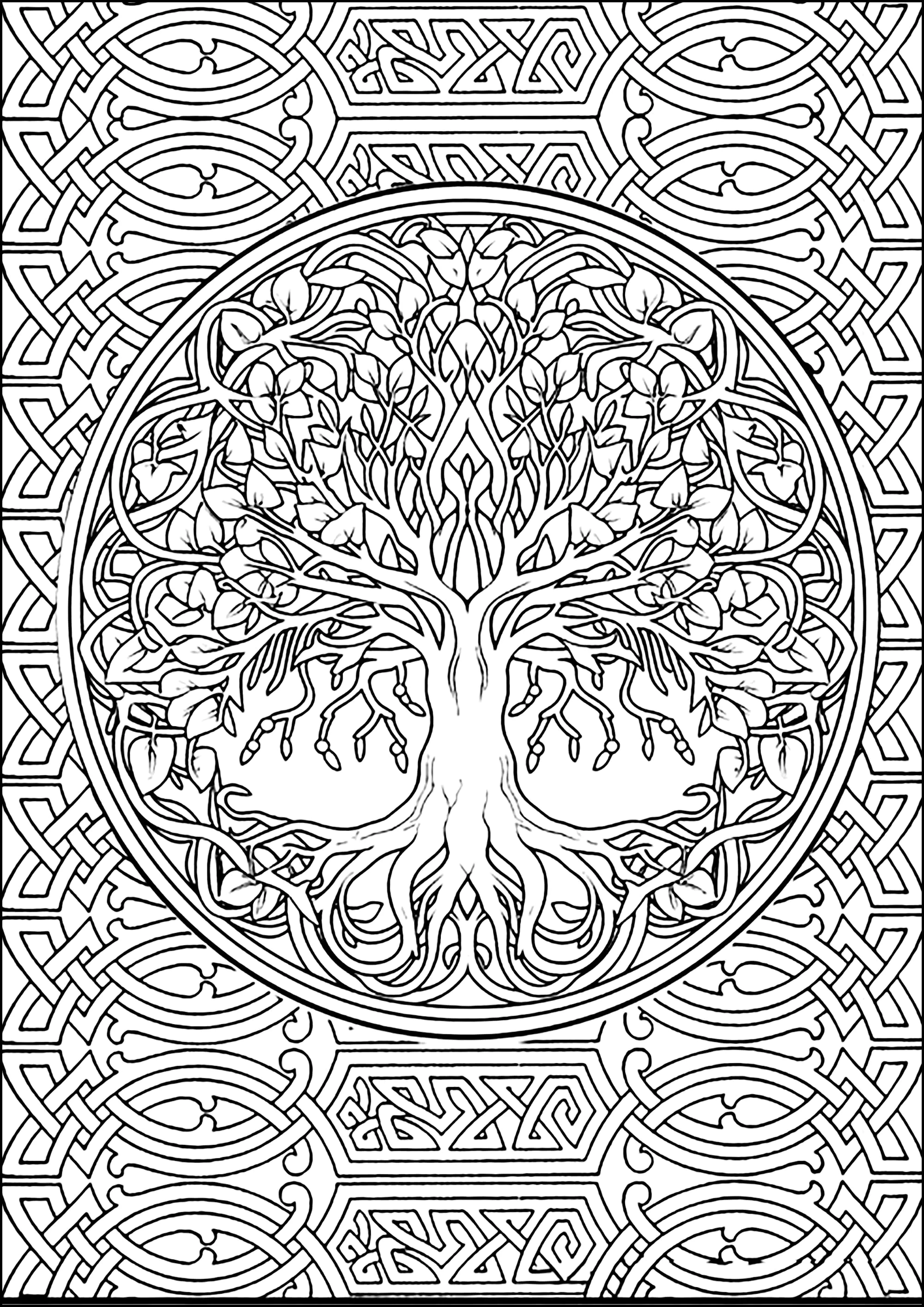 Desenho complexo da Árvore da Vida (Página de Arte celta para colorir e imprimir para adultos)