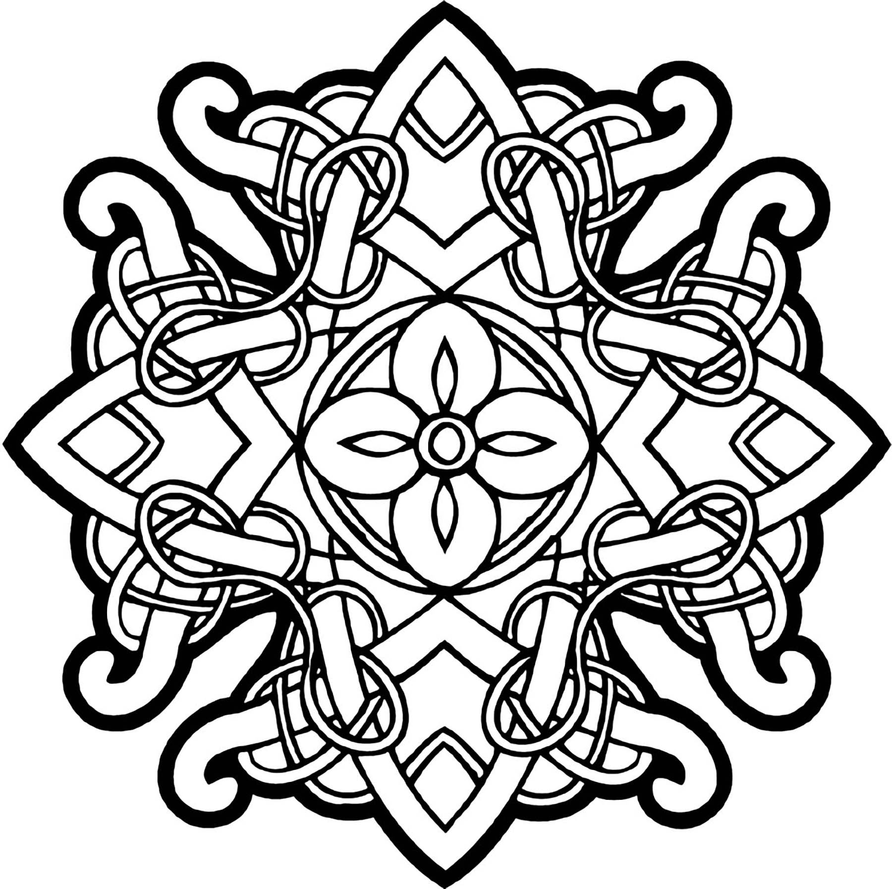 Uma bonita mandala celta. Linhas entrelaçadas típicas da arte celta, traços grossos e simetria perfeita. Aqui está uma Mandala para colorir que o levará numa viagem às belas planícies da Irlanda ...