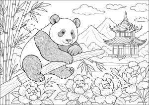 Panda pacífico no templo de bambu (Página de China e Ásia para colorir)