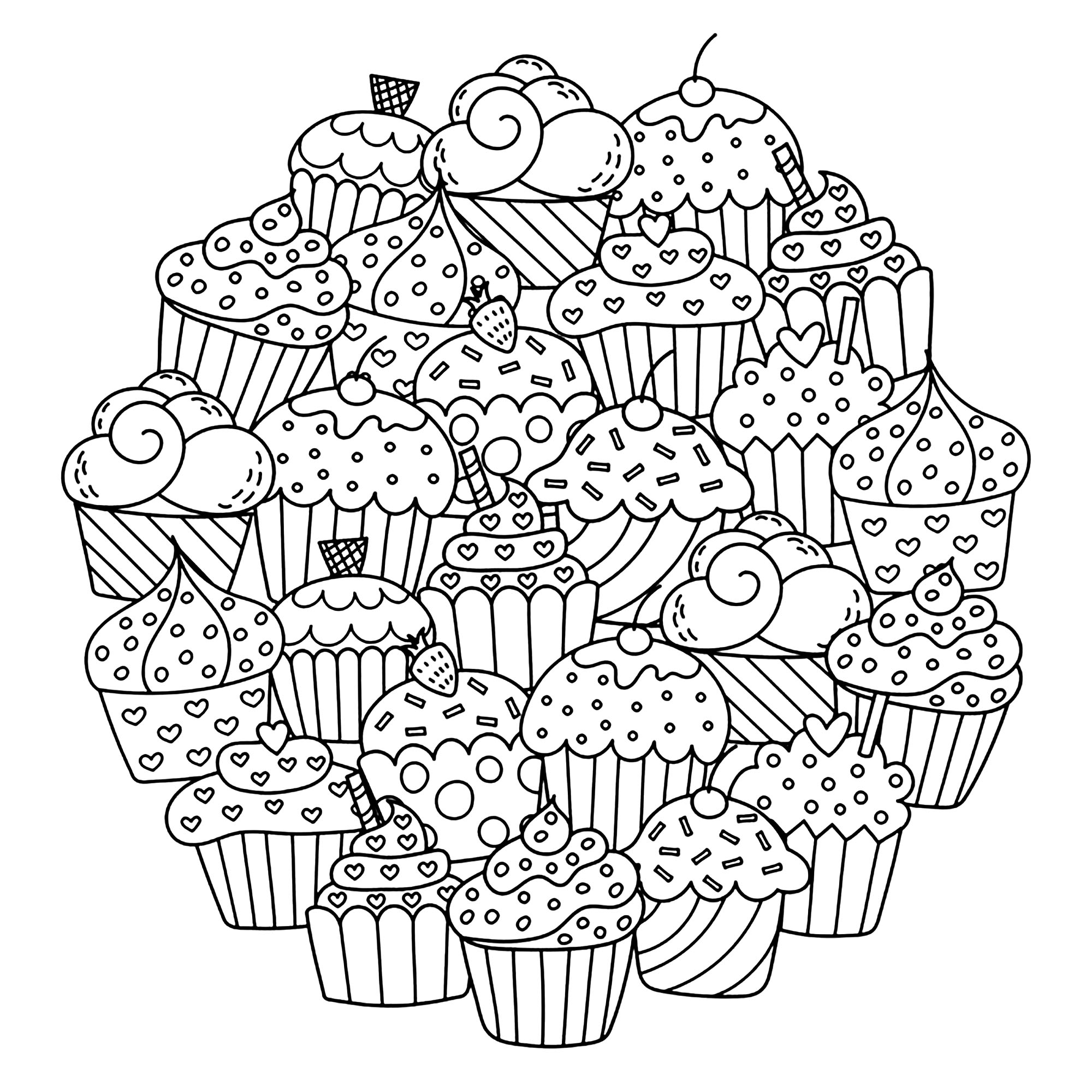 Cupcakes Kawaii divertidos - Bolos de copo - Coloring Pages for Adults