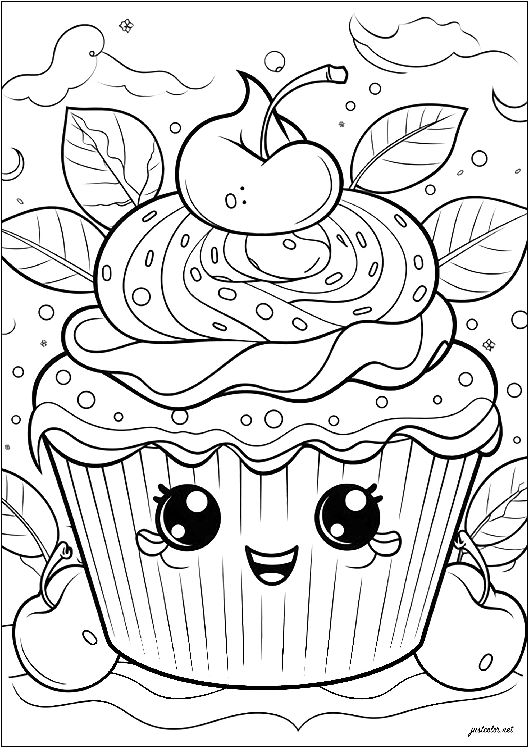 Cupcake giro com cerejas. Muitos pormenores bonitos para colorir