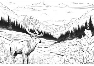 Página de Veados para colorir e imprimir para adultos : Alces na floresta com montanhas